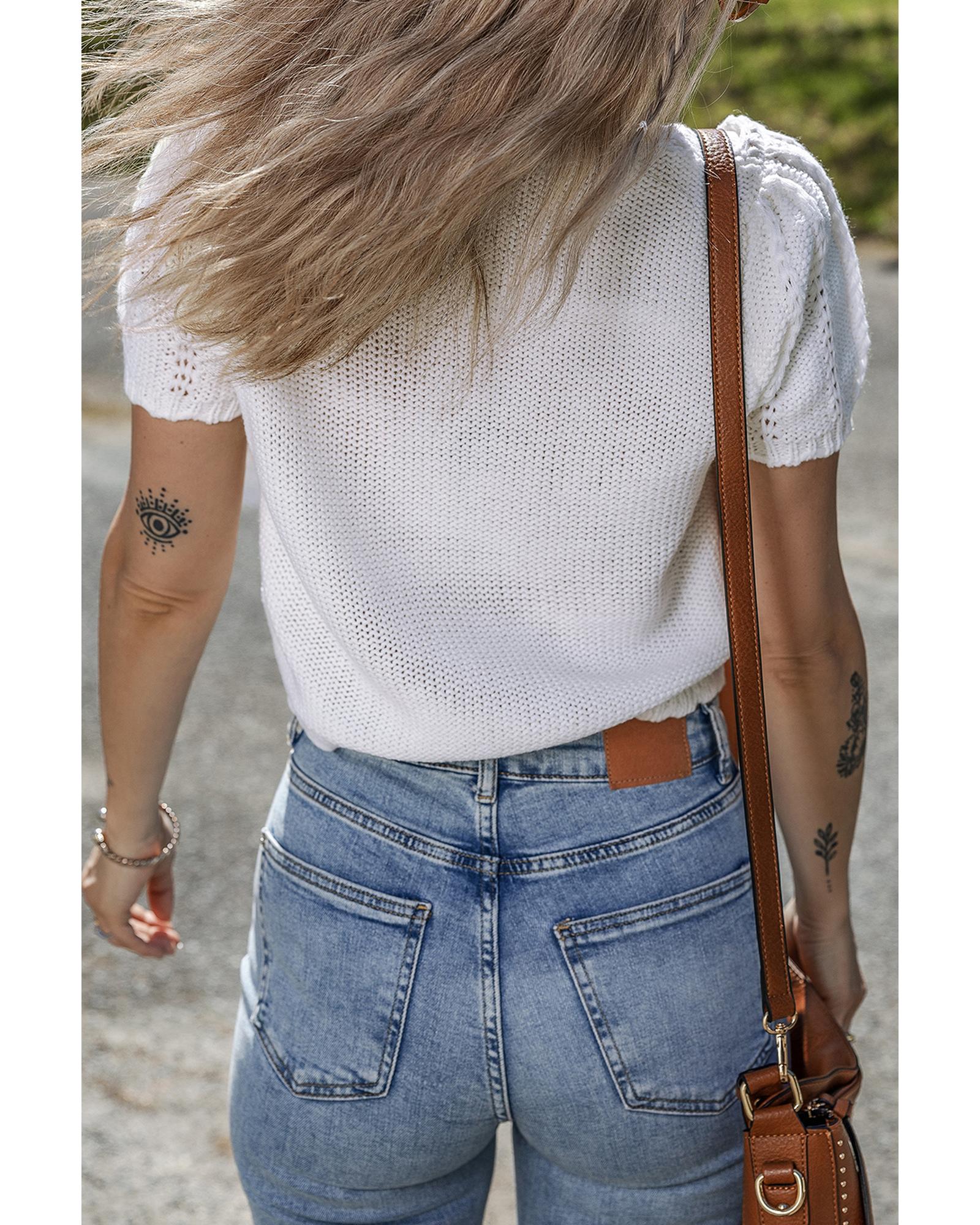 White Pointelle Knit Short Puff Sleeve Crewneck Sweater - S