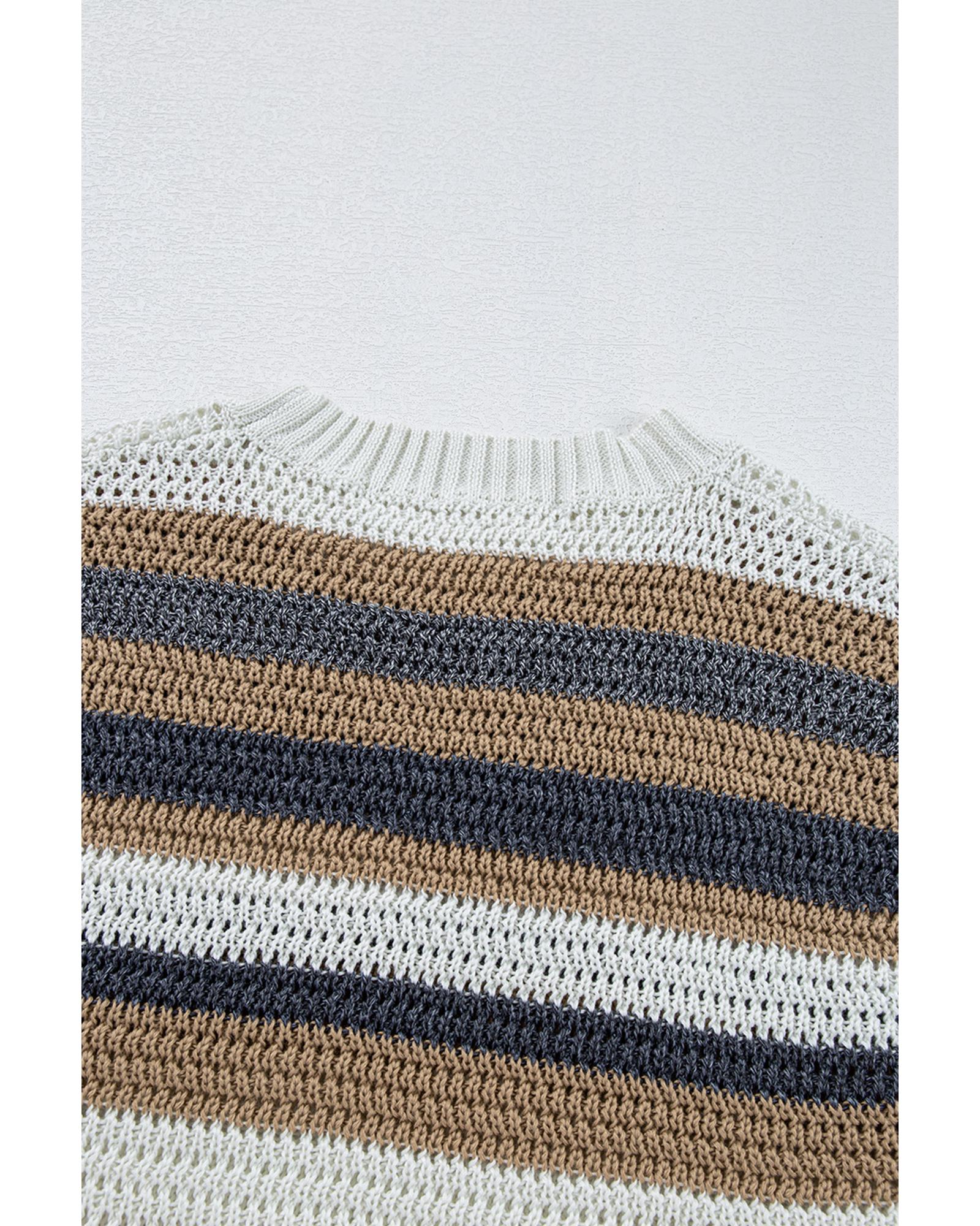 Pink Stripe Color Block Eyelet Knit Short Sleeve Sweater Tee - L