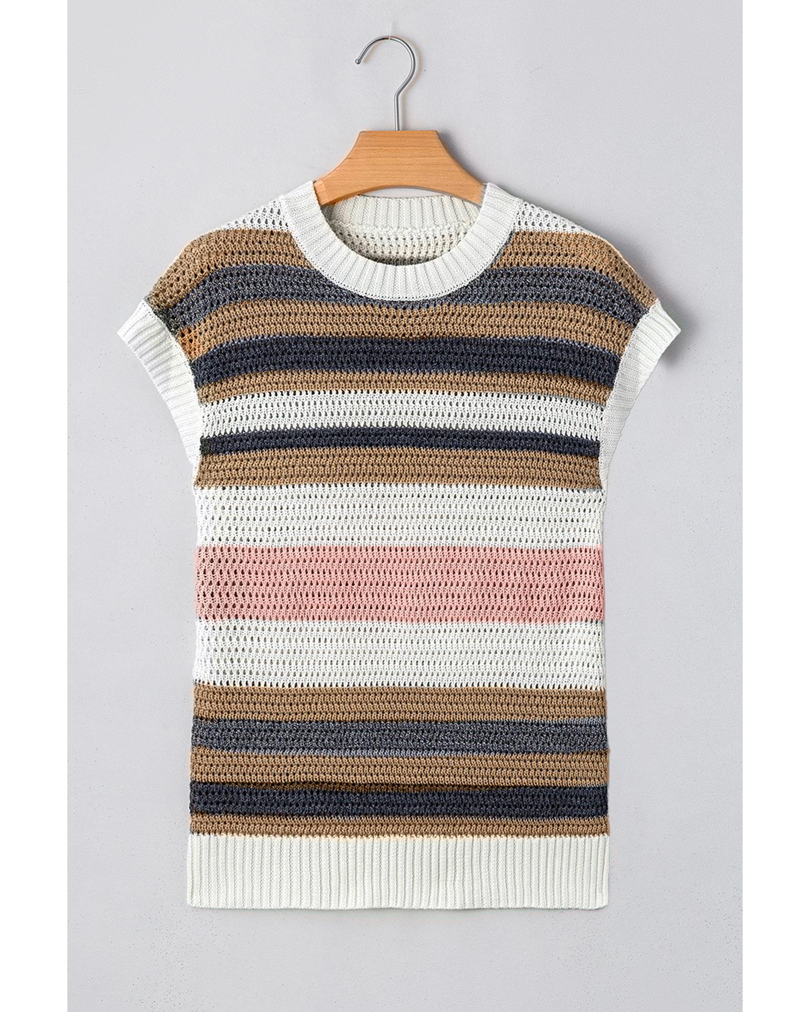 Pink Stripe Color Block Eyelet Knit Short Sleeve Sweater Tee - S