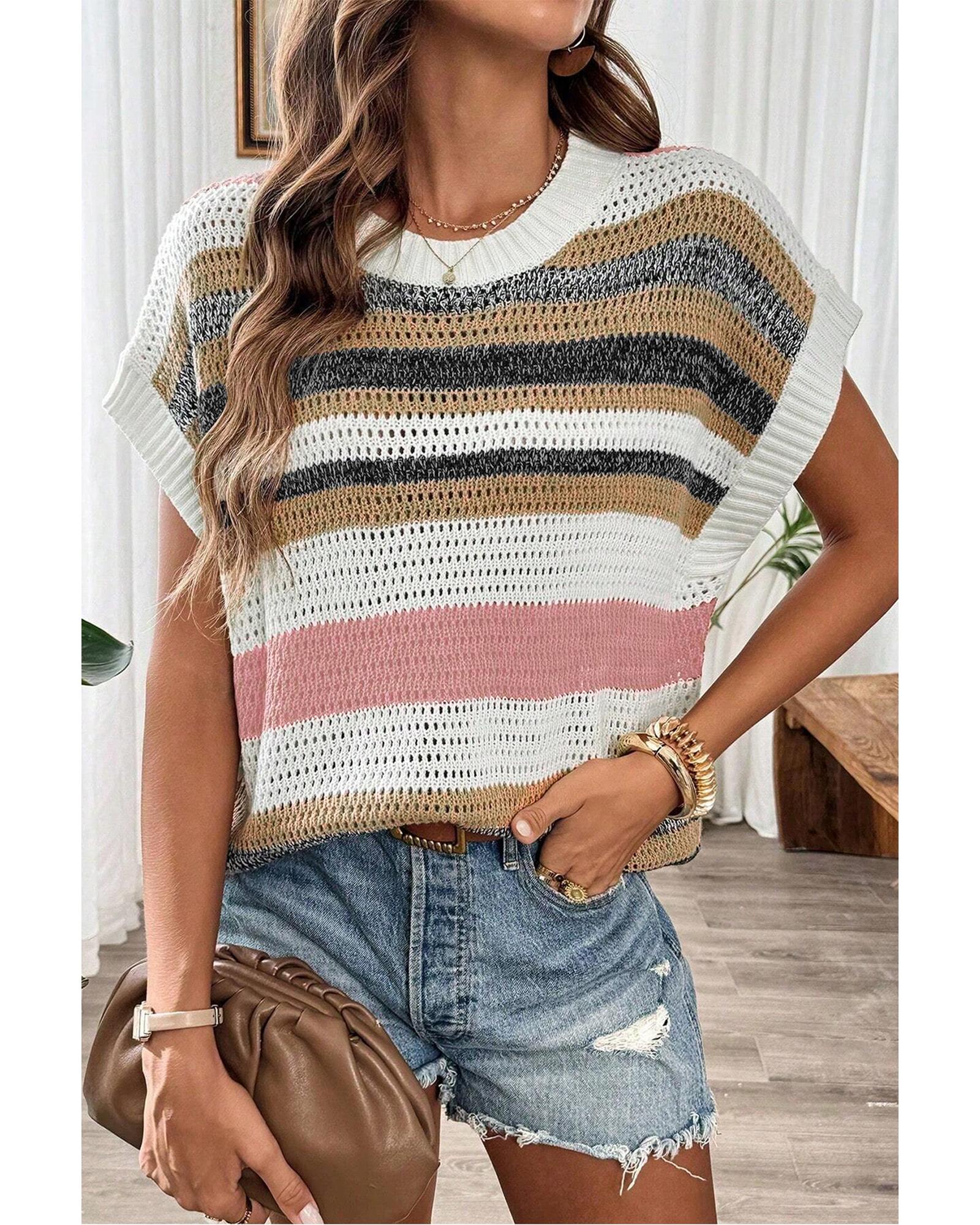 Pink Stripe Color Block Eyelet Knit Short Sleeve Sweater Tee - XL