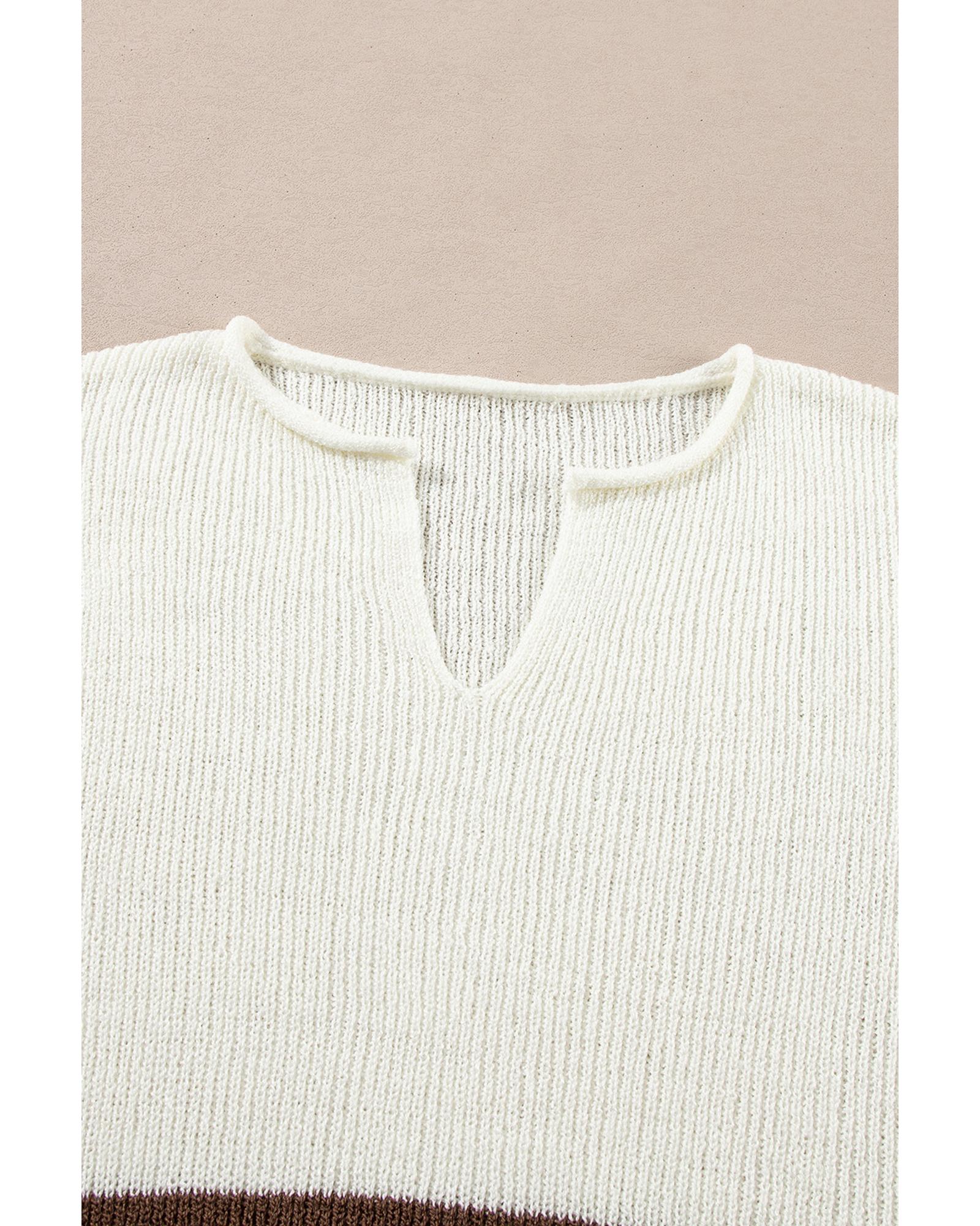 Brown Striped Accent Notched V Neck Cropped Sweater T Shirt - L