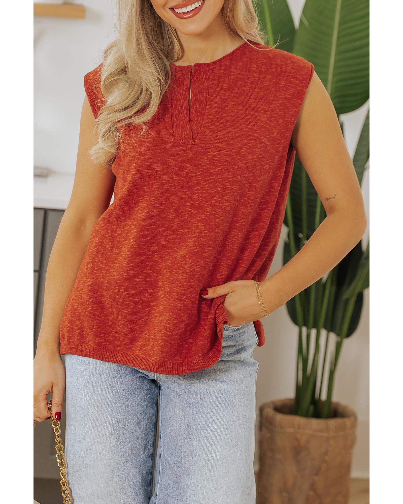 Orange Solid Color Split V Neck Short Sleeve Sweater - M