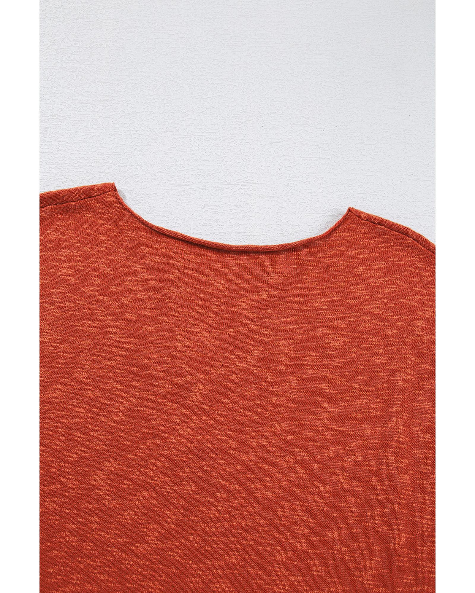 Orange Solid Color Split V Neck Short Sleeve Sweater - XL