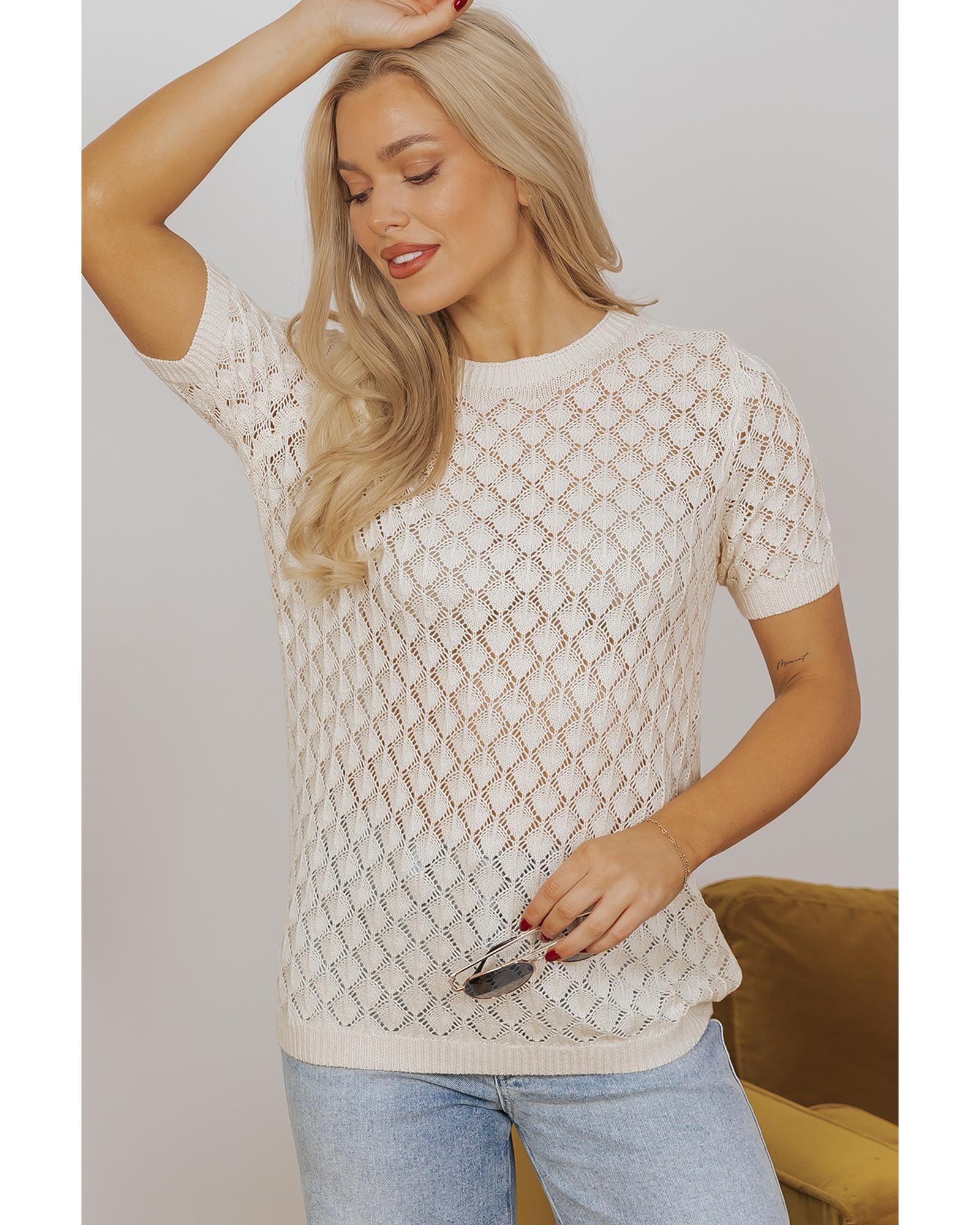 Beige Hollow Out Crochet O Neck Short Sleeve Sweater Tee - S