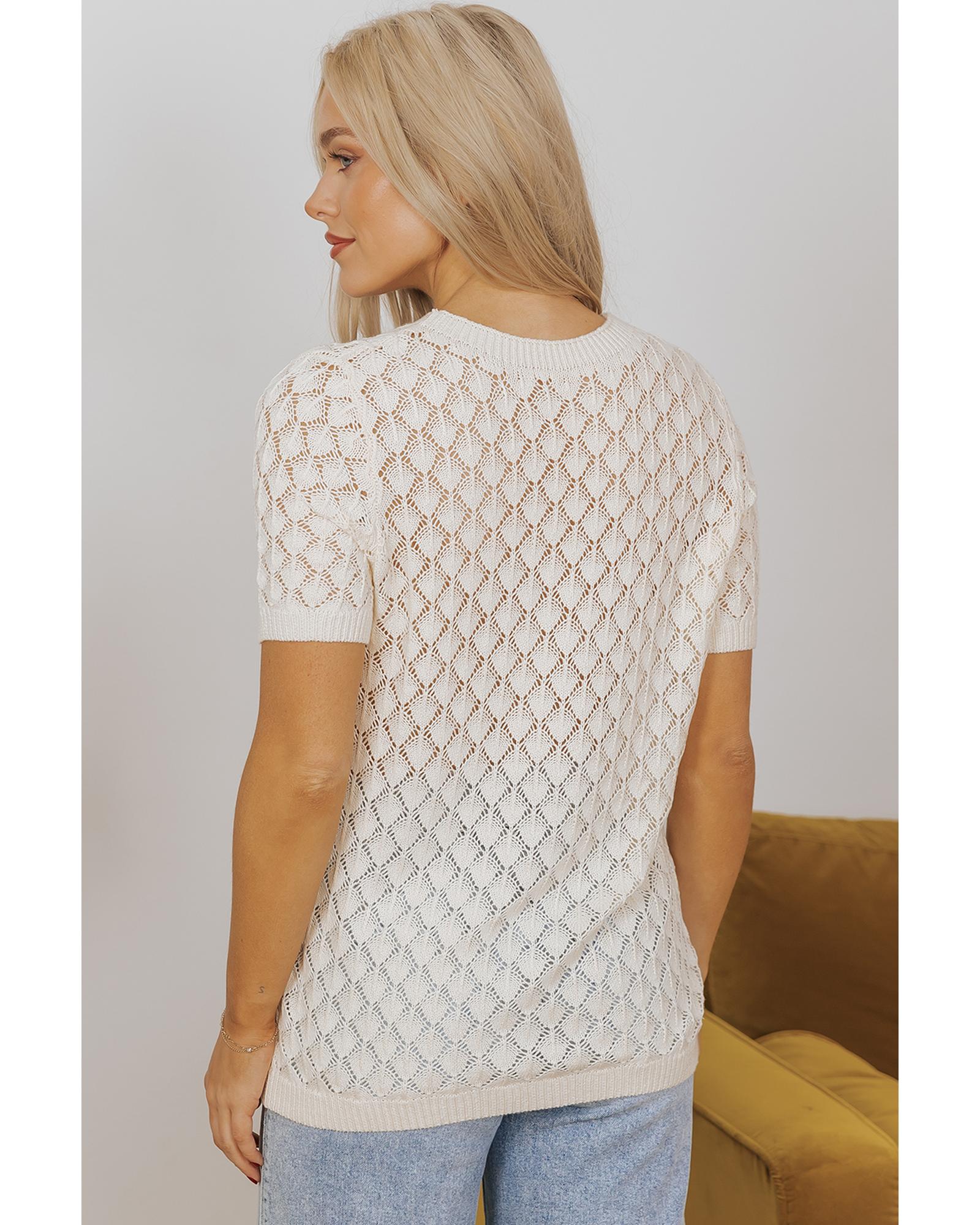 Beige Hollow Out Crochet O Neck Short Sleeve Sweater Tee - S