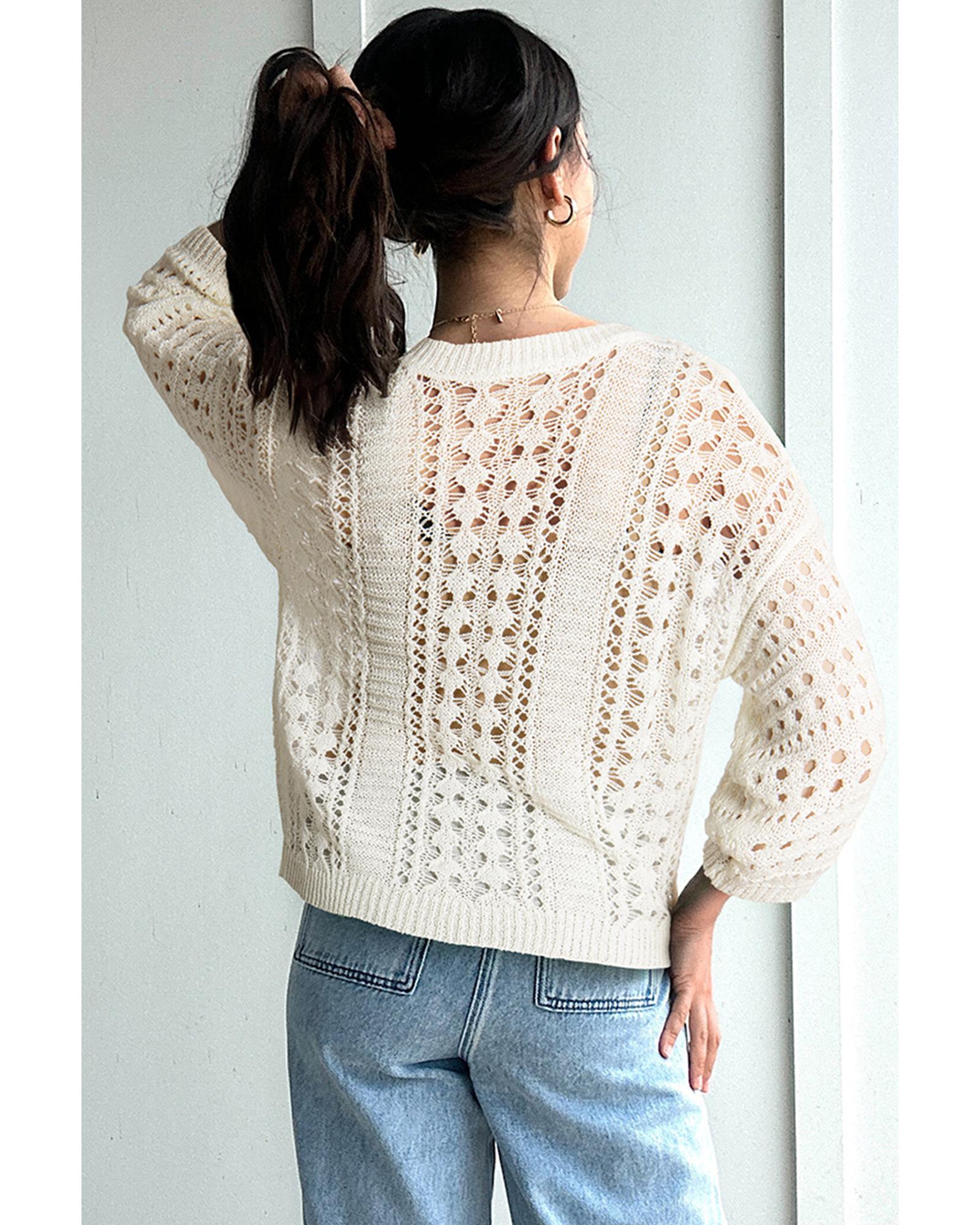Azura Exchange White Hollow Out Knit Bracelet Sleeve Drop Shoulder Sweater - L