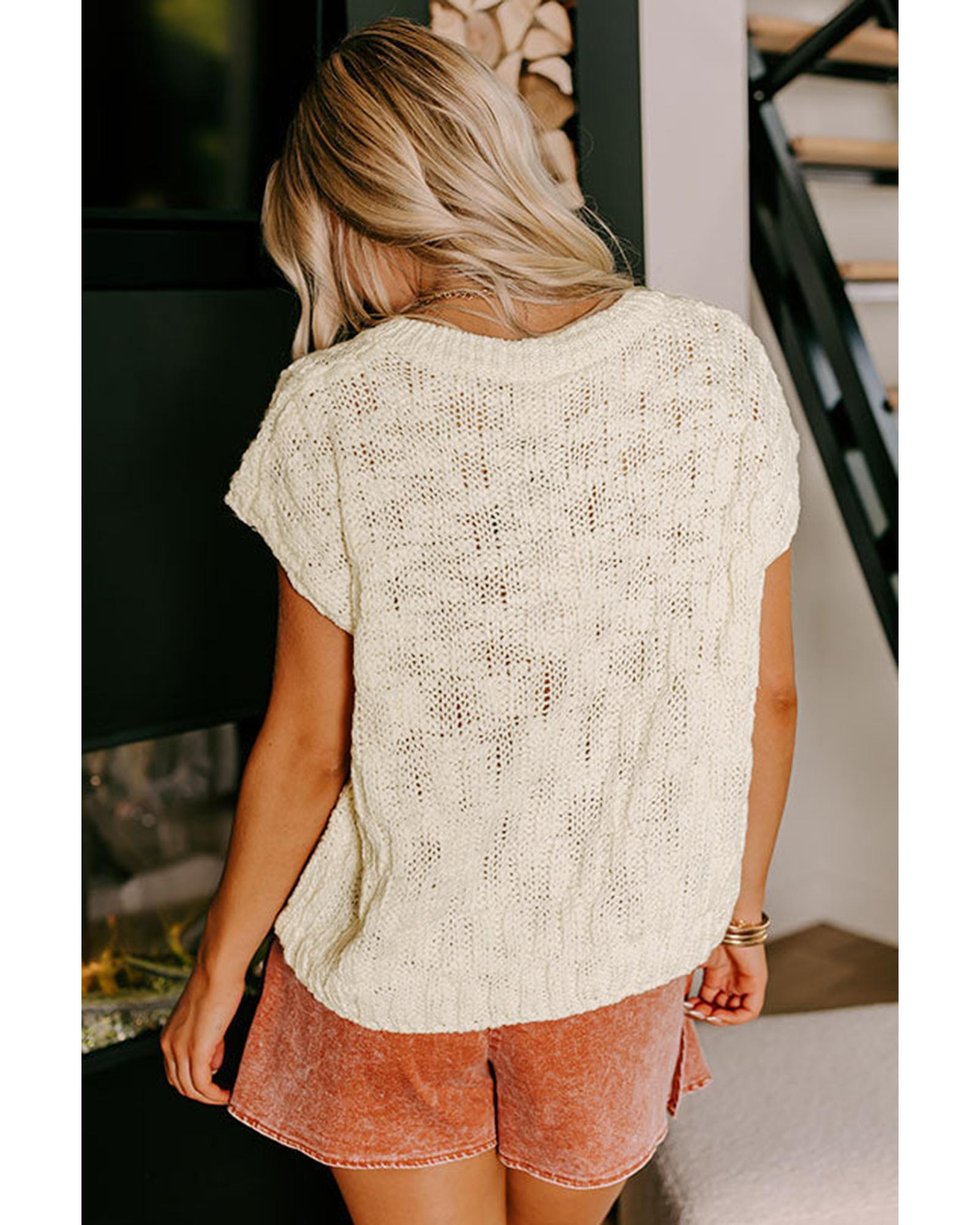 Beige Notched V Neck Short Sleeve Sweater - L
