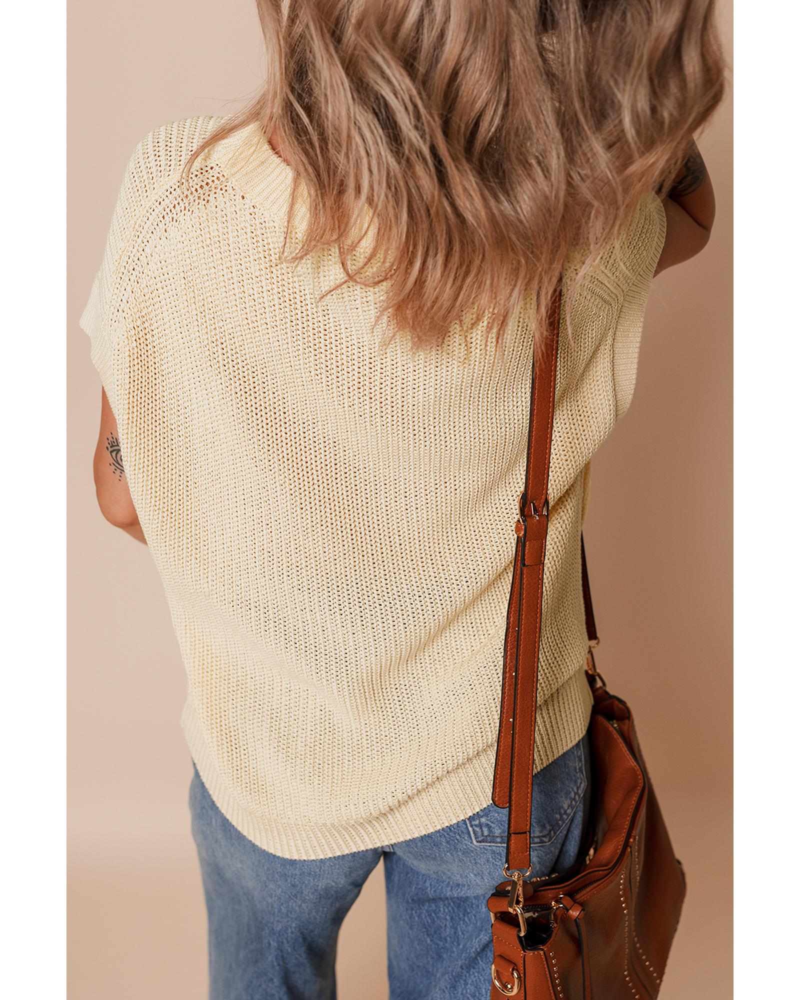 Oatmeal Solid Color Batwing Short Sleeve Round Neck Knit T Shirt - S