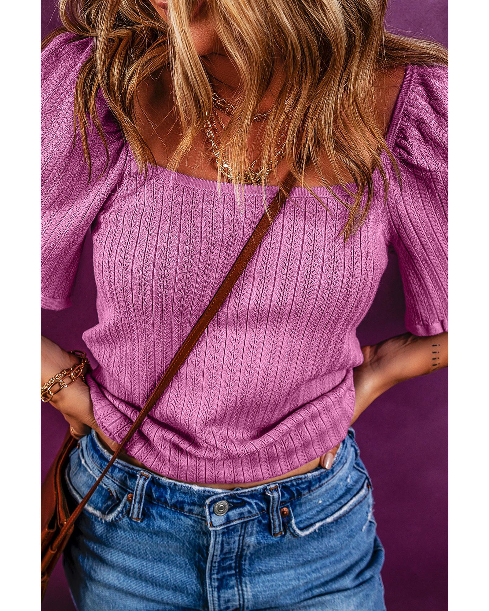 Phalaenopsis Textured Square Neck Half Sleeve Knitted Top - XL