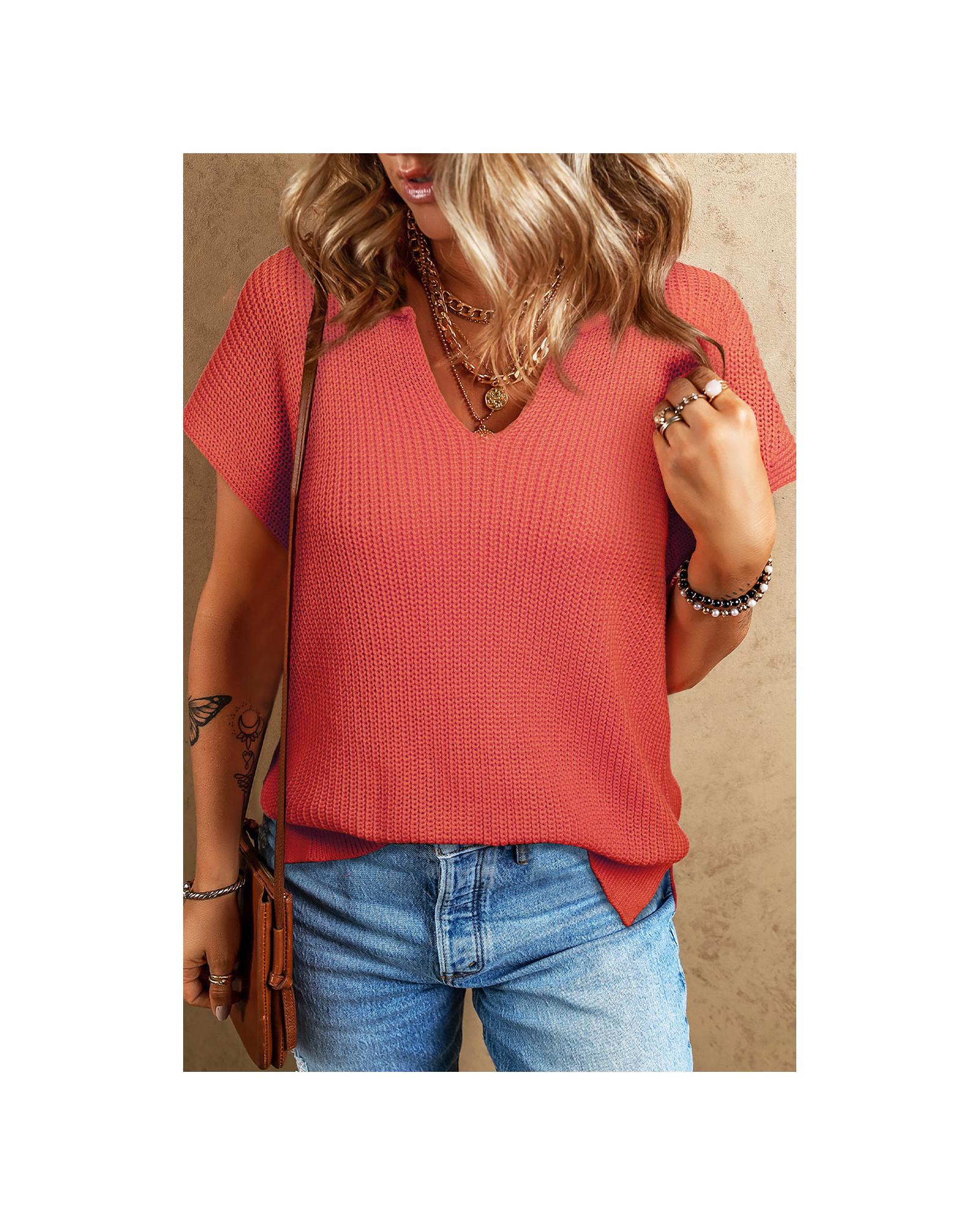 Flamingo Solid Textured Knitted Notch V Neck Sweater T Shirt - XL