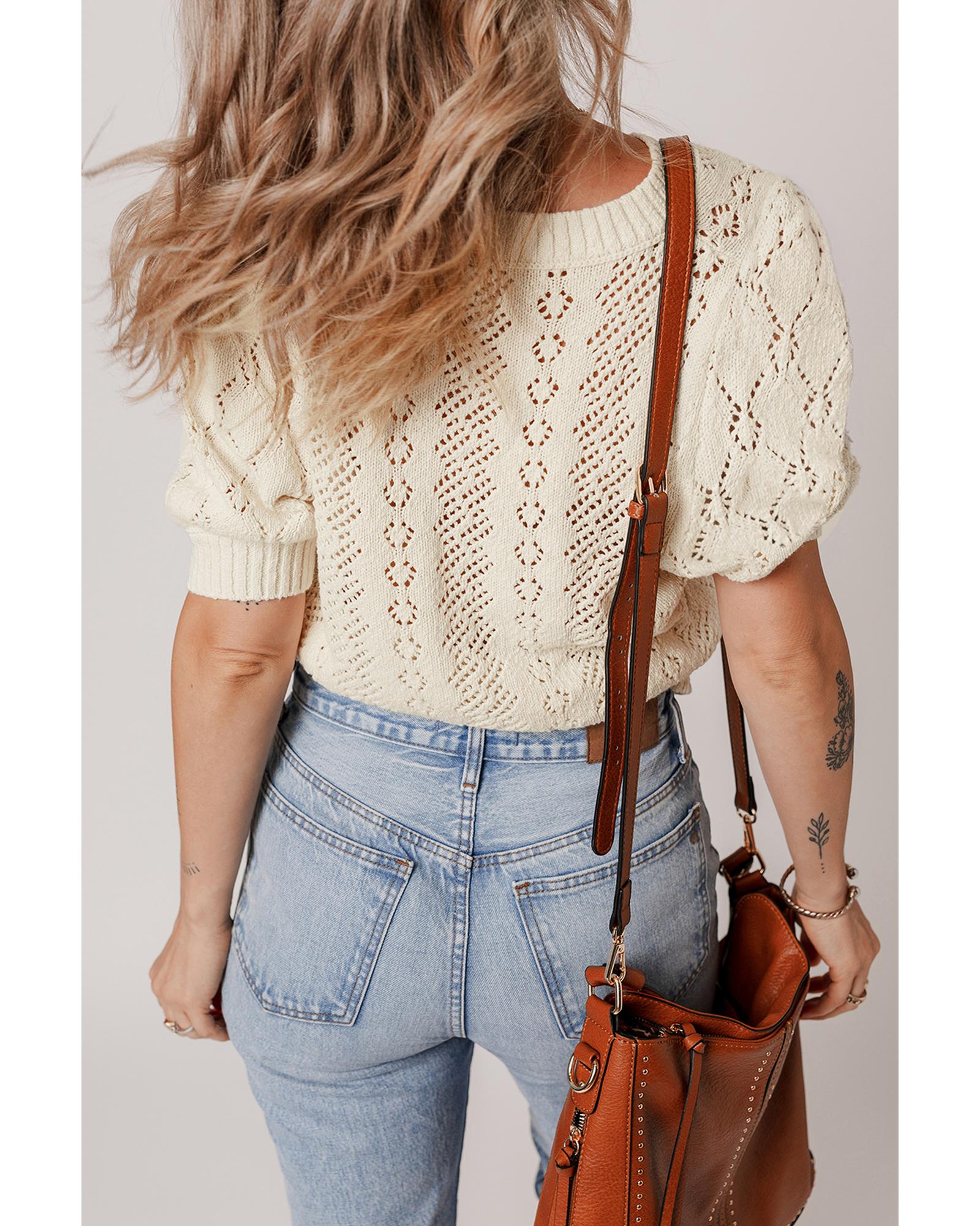 Beige Hollowed Pattern Knit Short Puff Sleeve Sweater - L