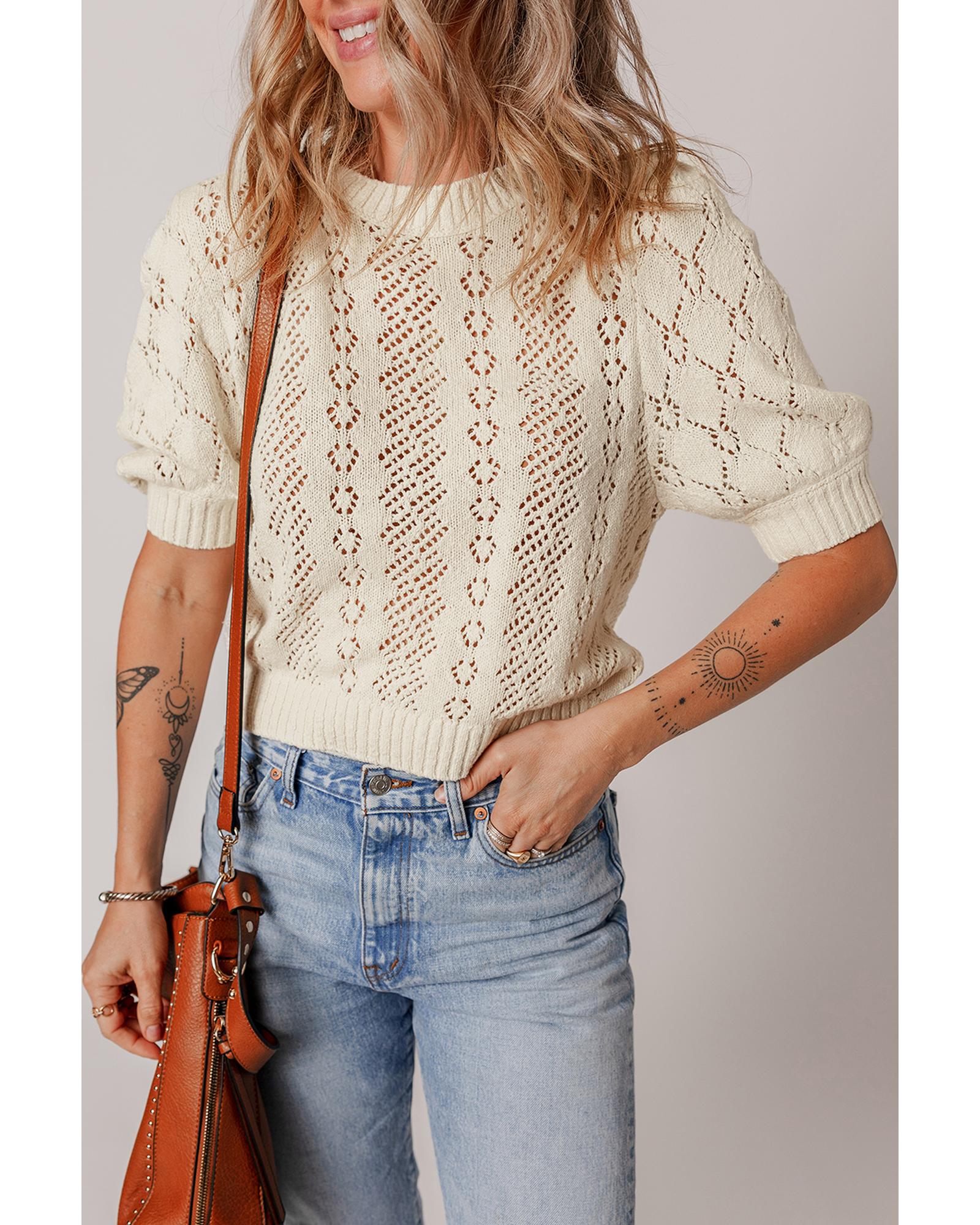 Beige Hollowed Pattern Knit Short Puff Sleeve Sweater - M