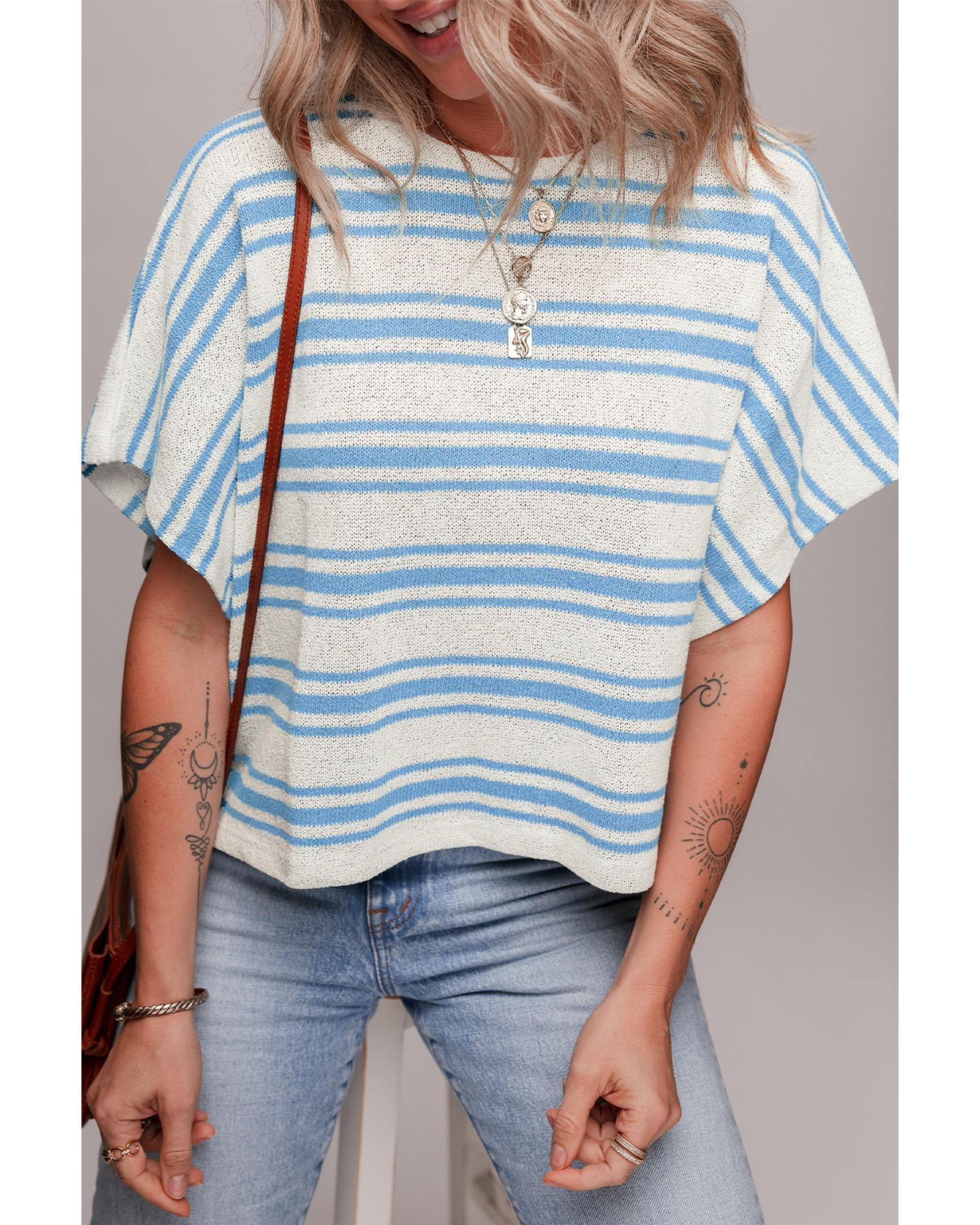 Sky Blue Stripe Boxy Fit Wide Sleeve Sweater T Shirt - L