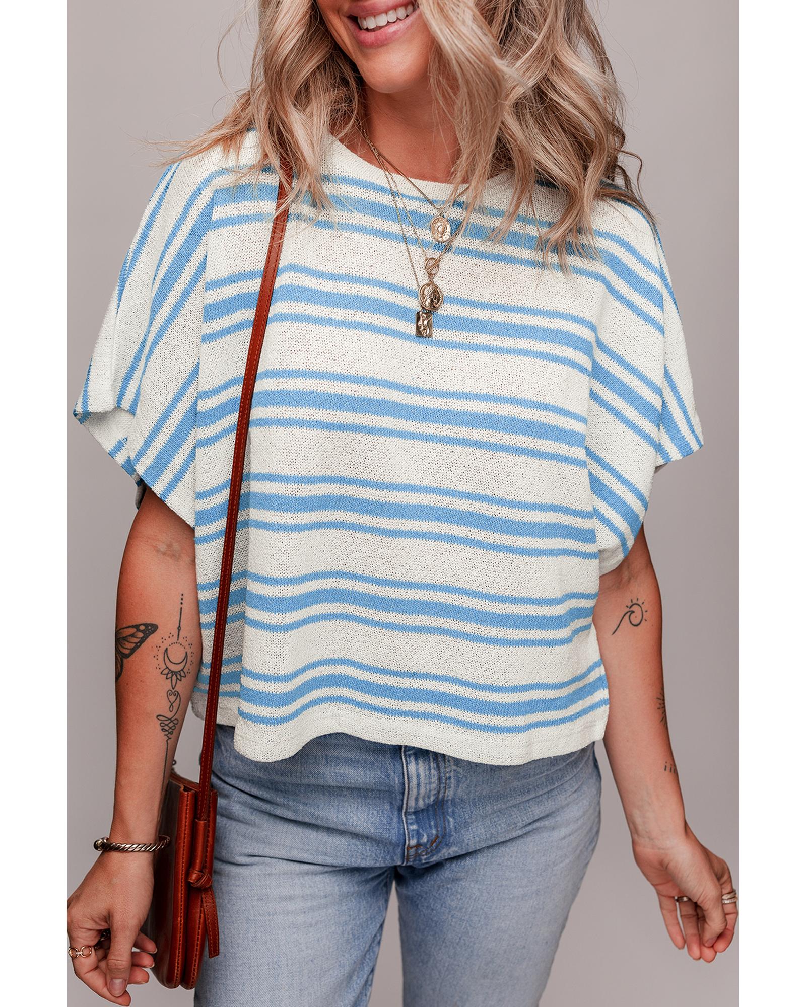 Sky Blue Stripe Boxy Fit Wide Sleeve Sweater T Shirt - M