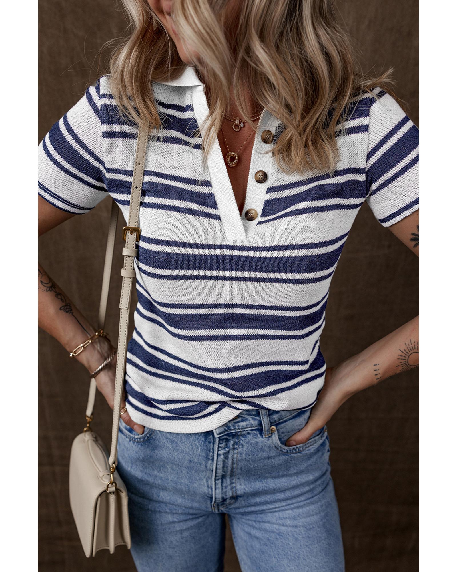 Dark Blue Stripe Collared Button V Neck Knitted T Shirt - M