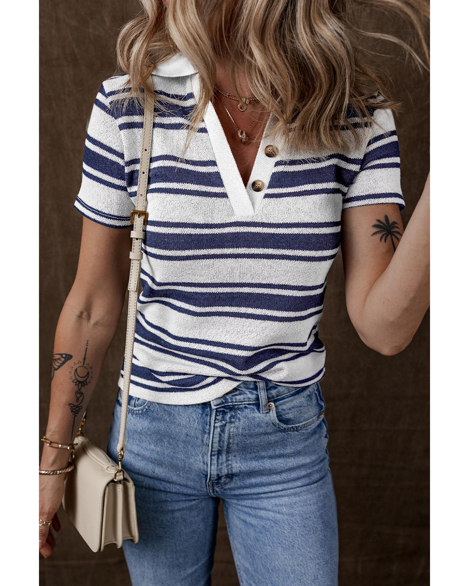 Dark Blue Stripe Collared Button V Neck Knitted T Shirt - S