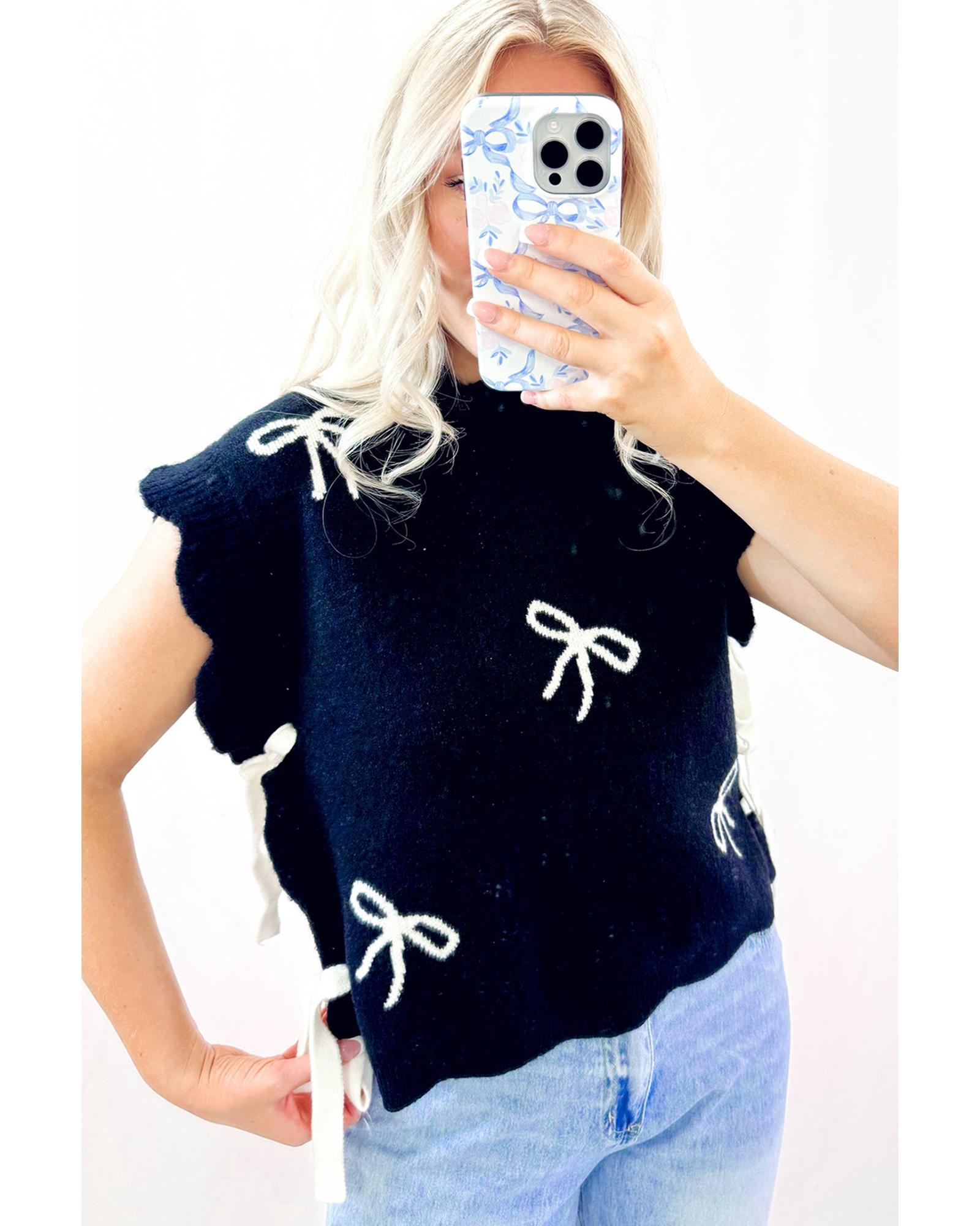 Black Bow Print Side Ties Scalloped Hem Sweater T Shirt - L
