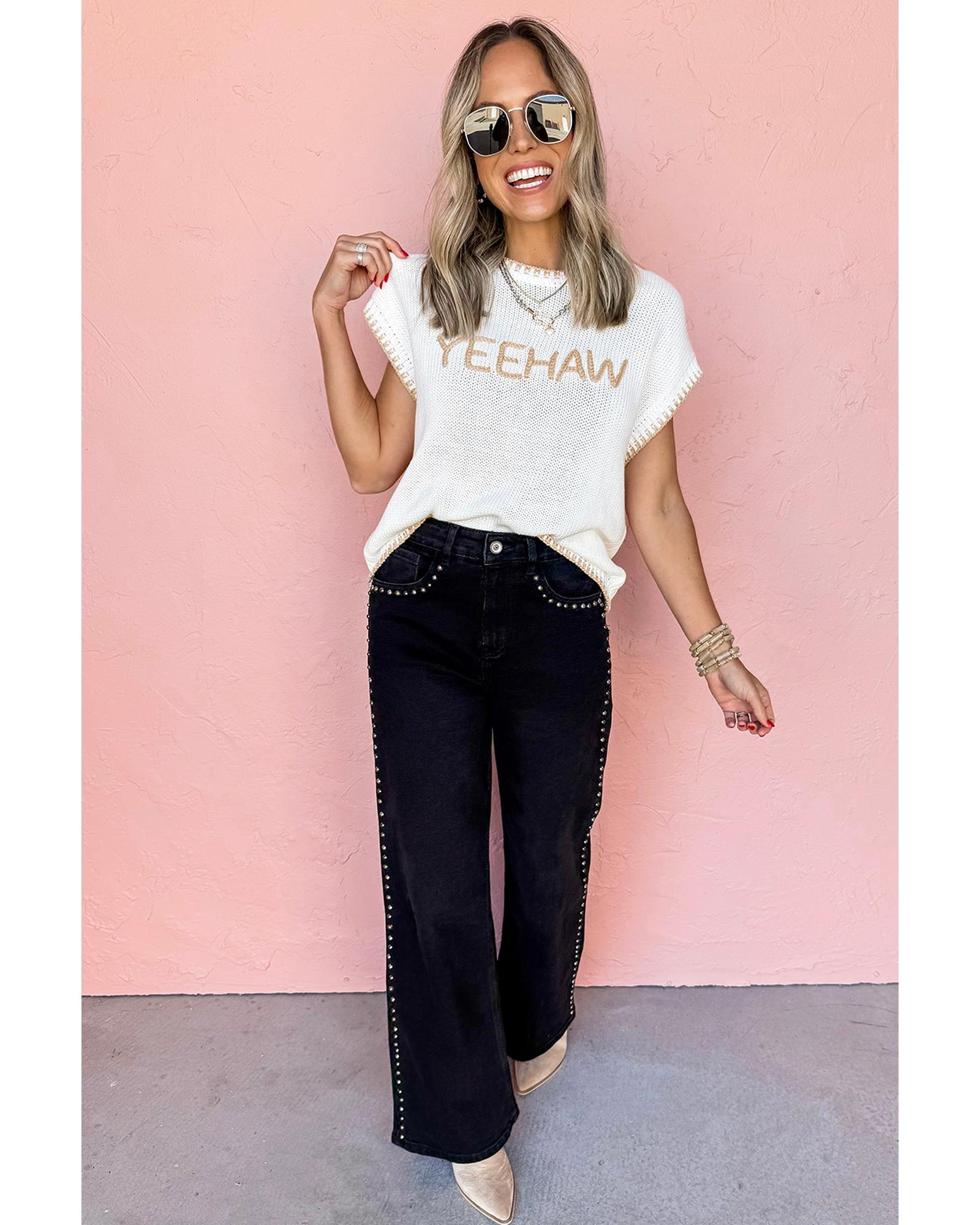 White Knitted YEEHAW Stitch Edge Crew Neck Sweater T Shirt - S