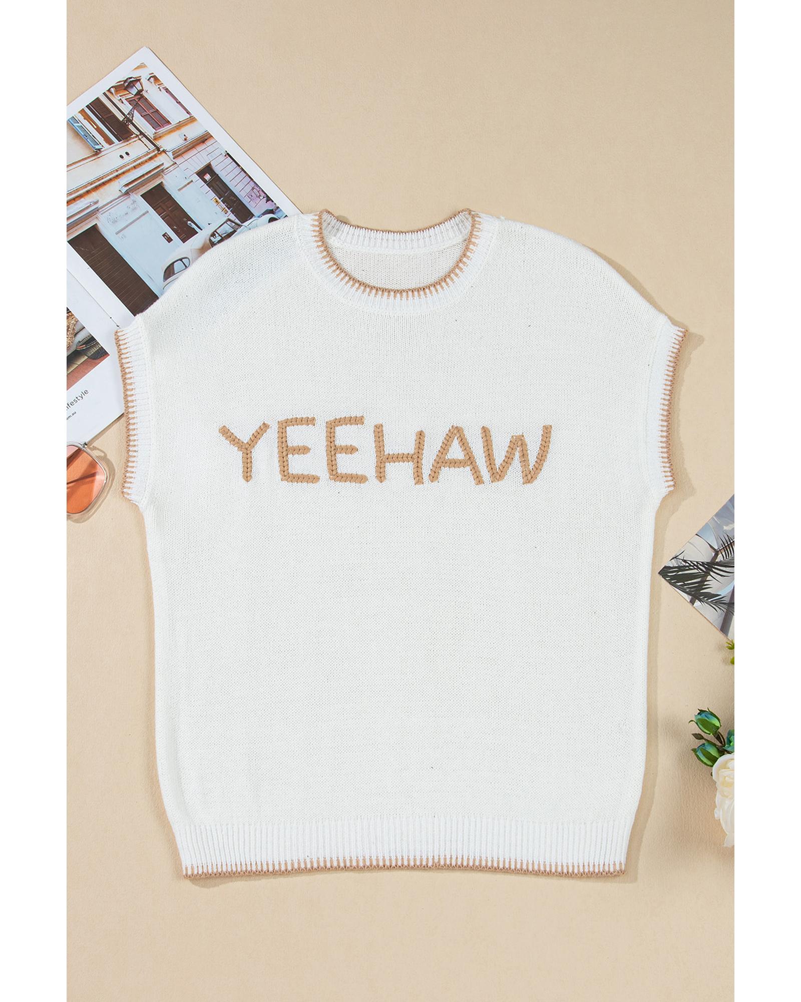 White Knitted YEEHAW Stitch Edge Crew Neck Sweater T Shirt - S