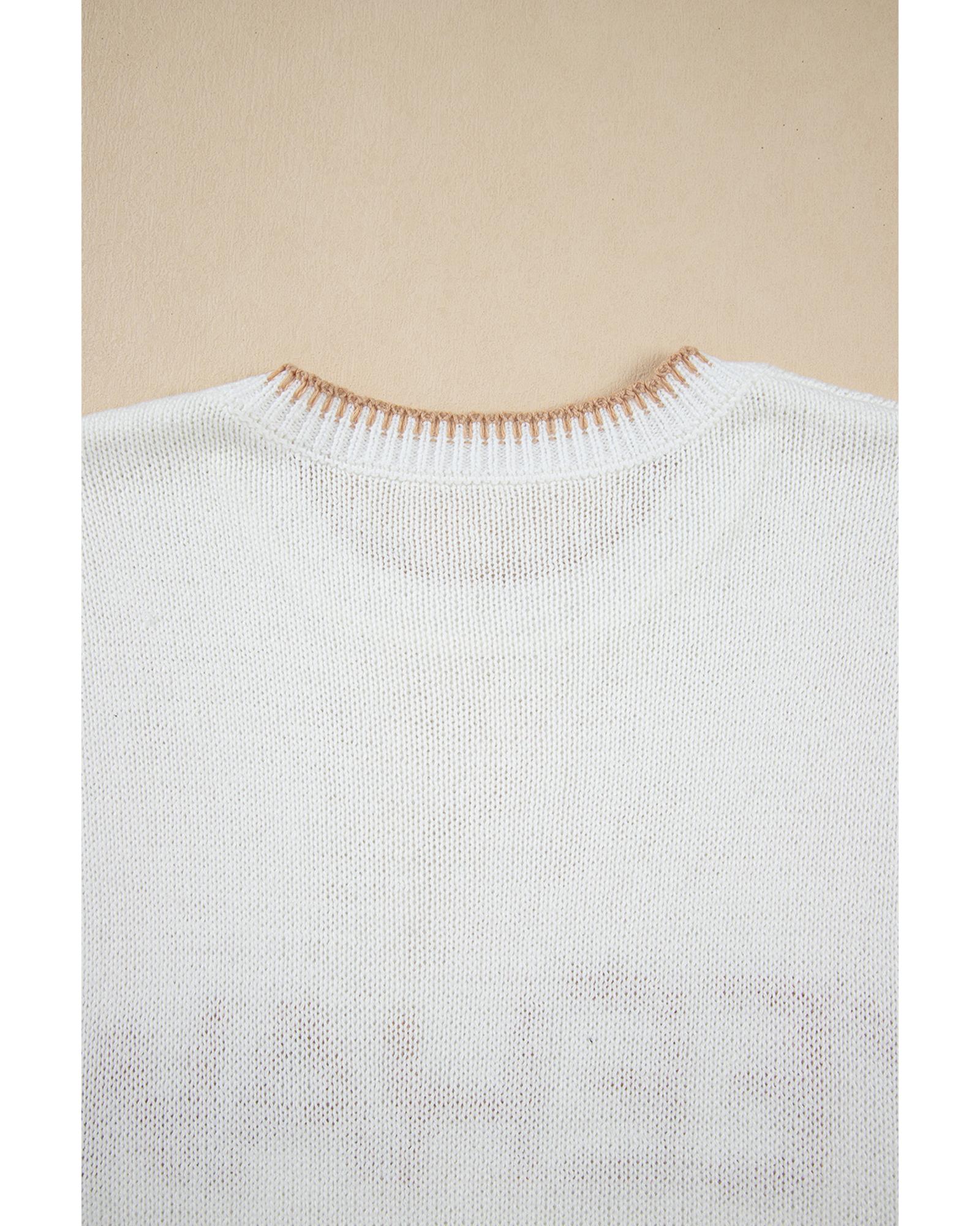 White Knitted YEEHAW Stitch Edge Crew Neck Sweater T Shirt - S