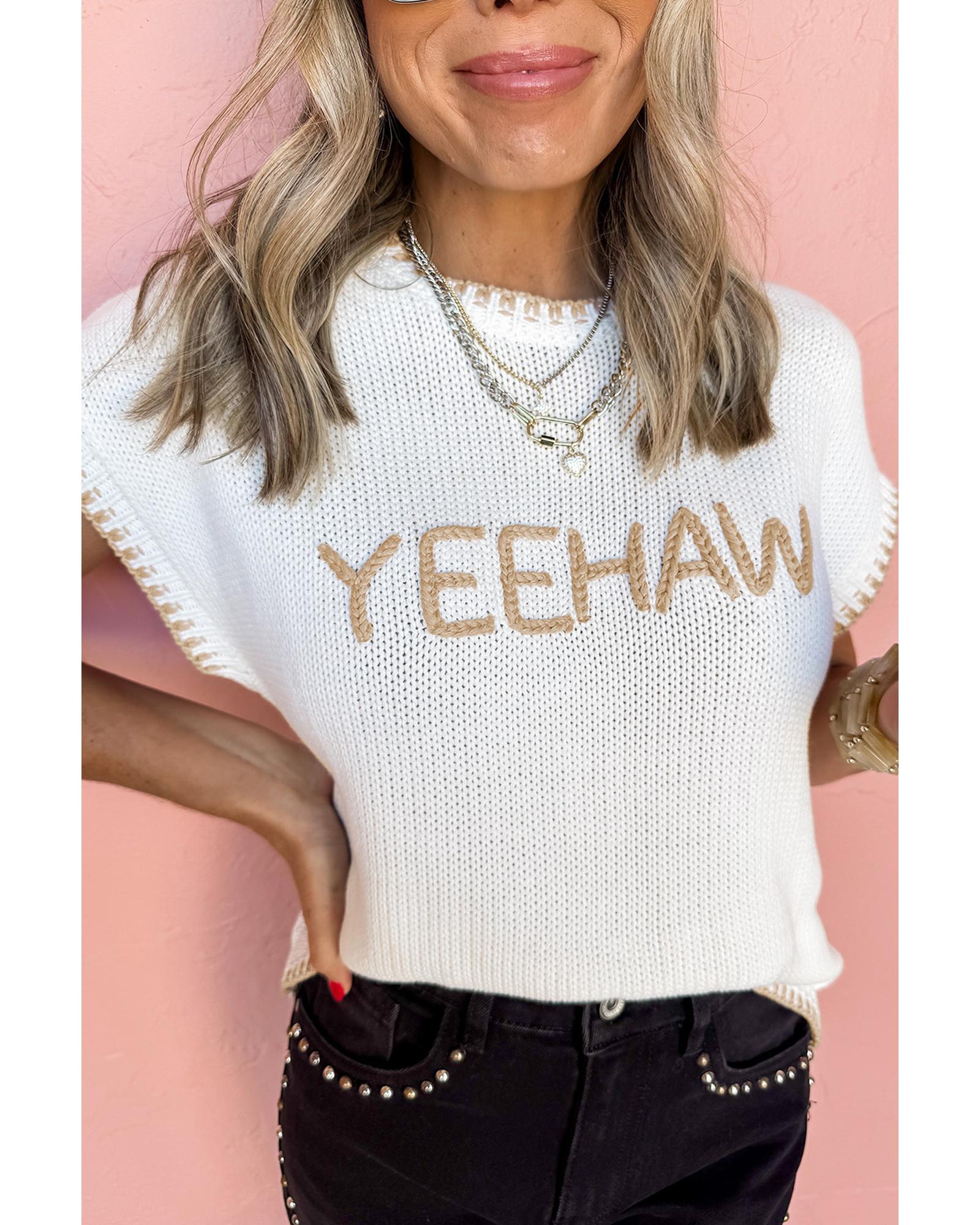 White Knitted YEEHAW Stitch Edge Crew Neck Sweater T Shirt - XL