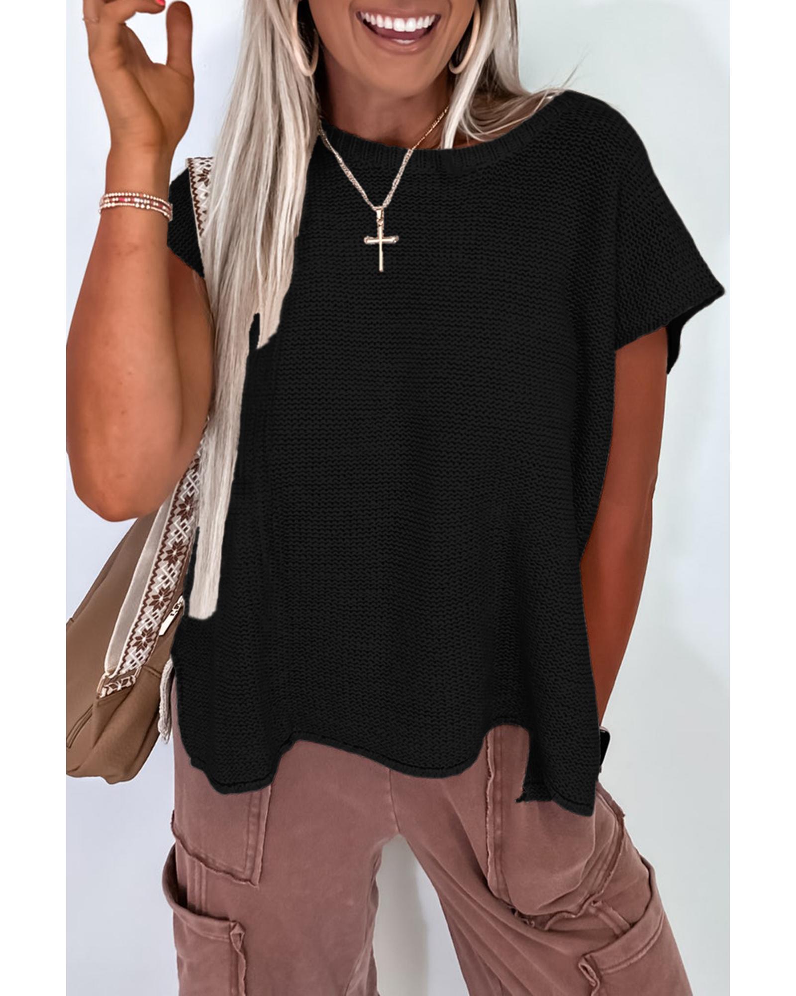Black Solid Color Sweater Tee with Side Slits - M