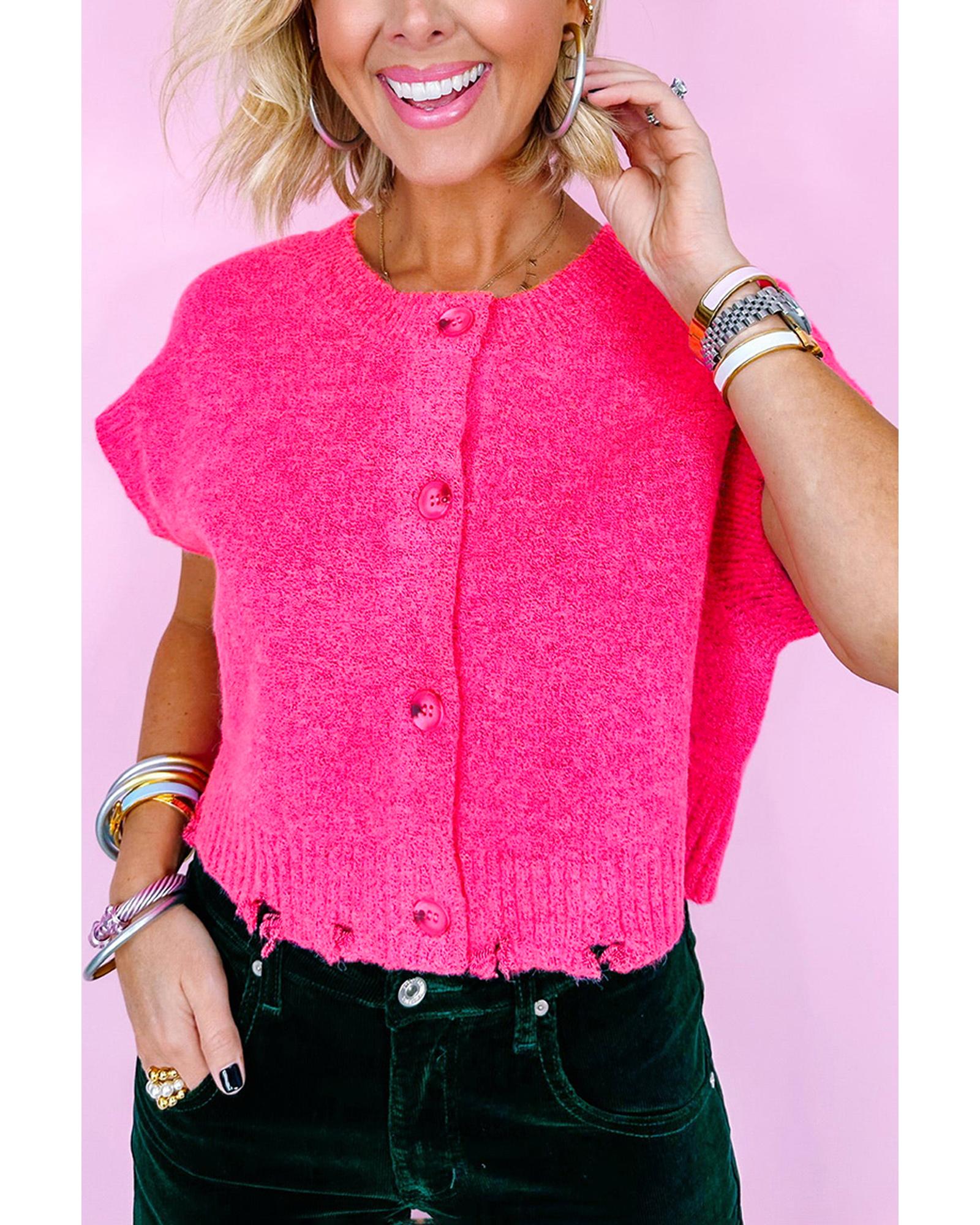 Bright Pink Distressed Hem Short Sleeve Knitted Button Front Sweater - L