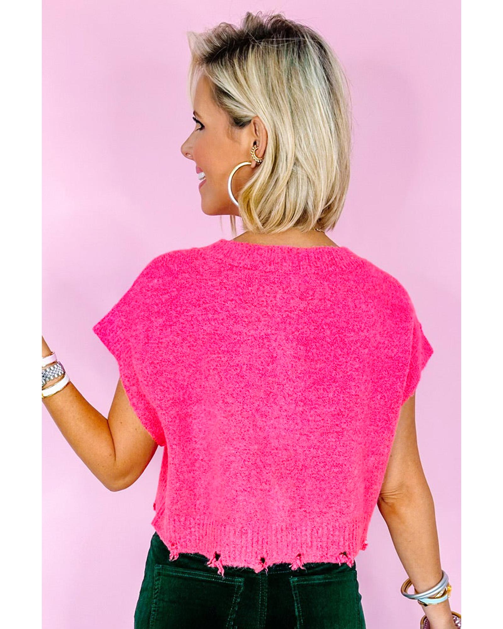 Bright Pink Distressed Hem Short Sleeve Knitted Button Front Sweater - L