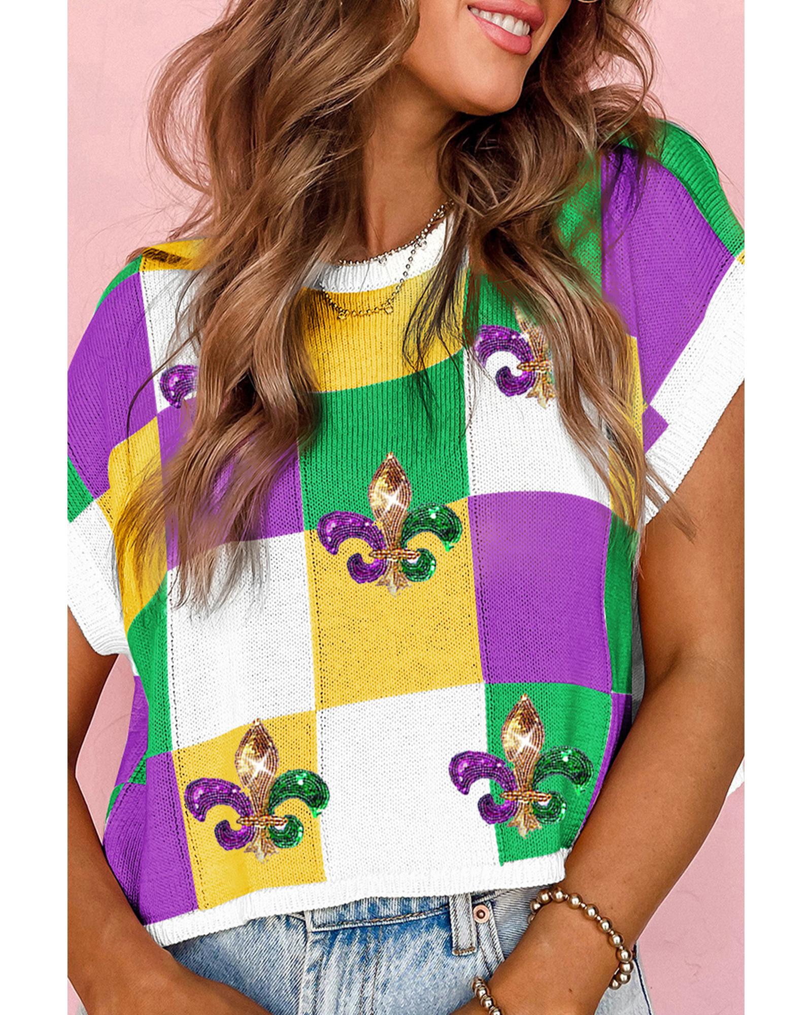 Tillandsia Purple Sequin Mardi Gras Fleur de Lis Color Block Sweater T Shirt - L