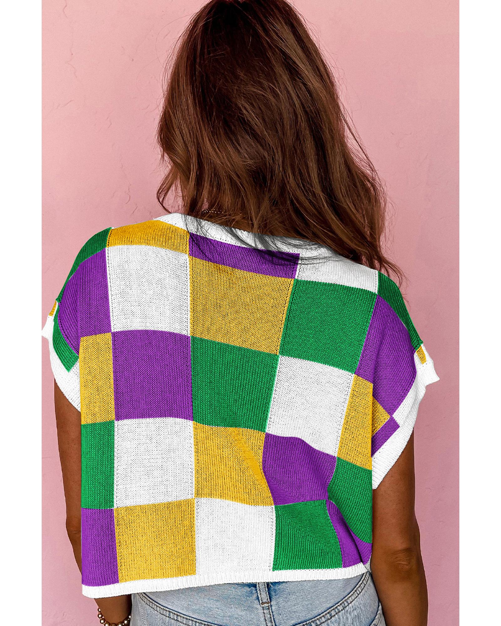 Tillandsia Purple Sequin Mardi Gras Fleur de Lis Color Block Sweater T Shirt - XL