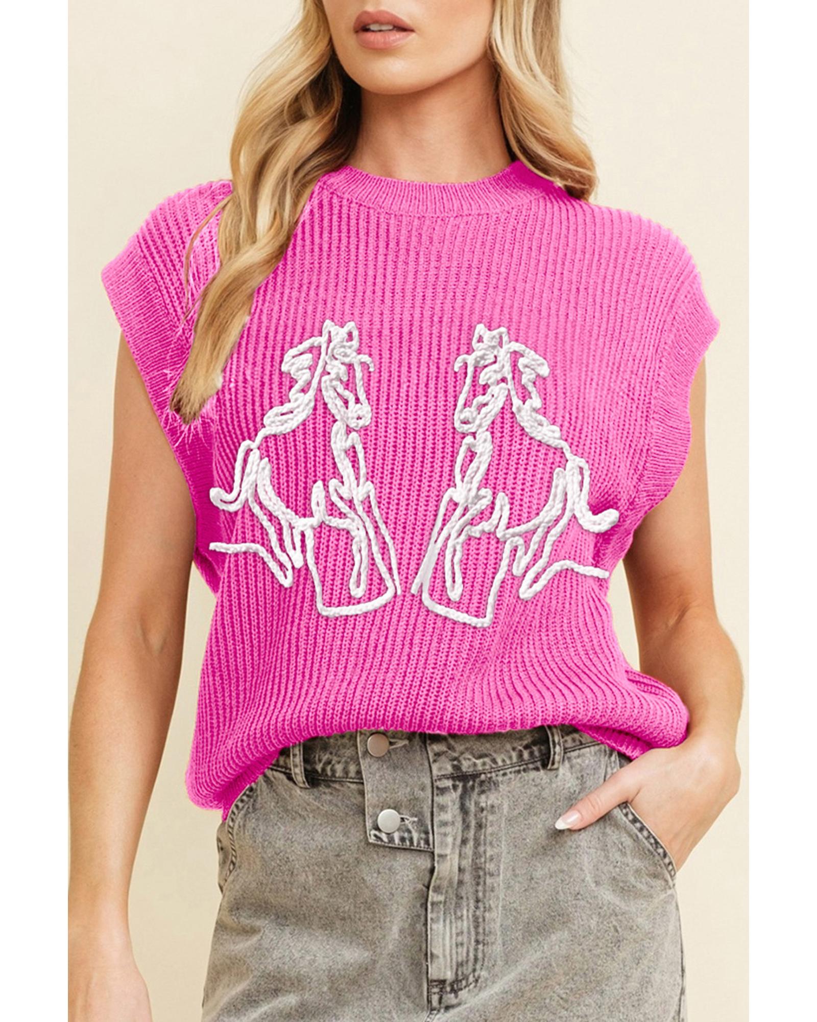 Bright Pink Western Horse Embroidered Round Neck Sweater Tee - L