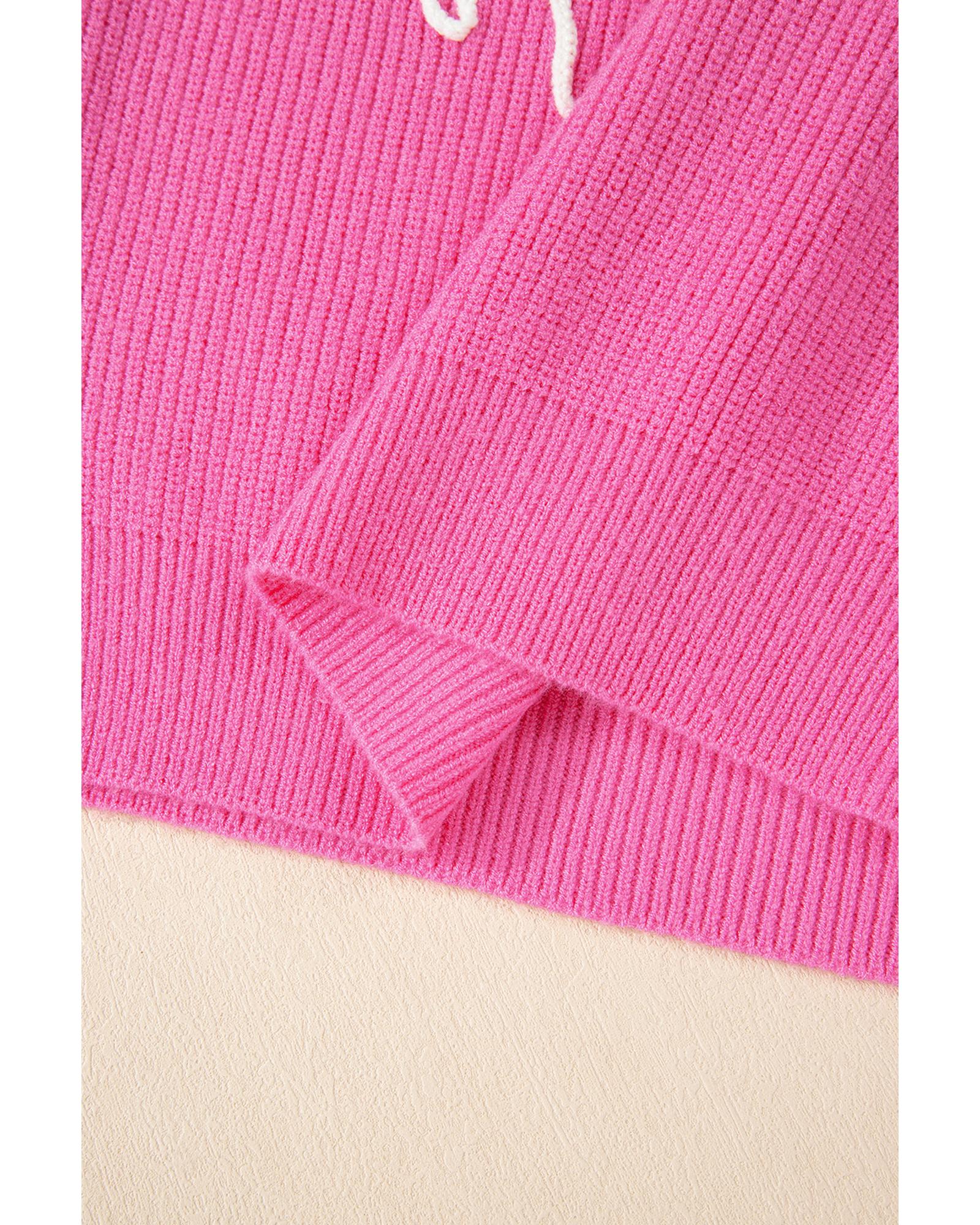 Bright Pink Western Horse Embroidered Round Neck Sweater Tee - L
