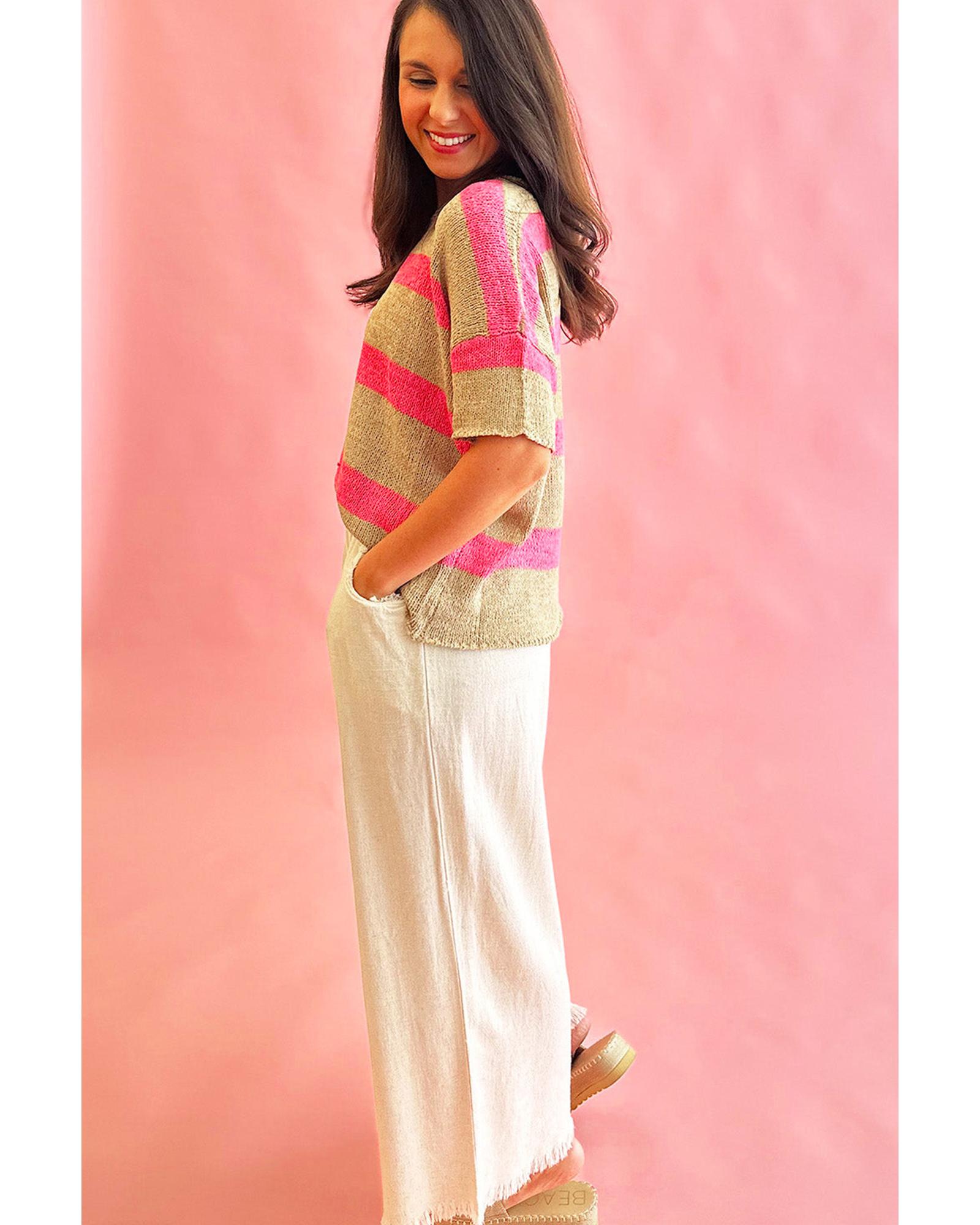 Pink Stripe Colorblock Short Sleeve Crew Neck Lightweight Sweater - L