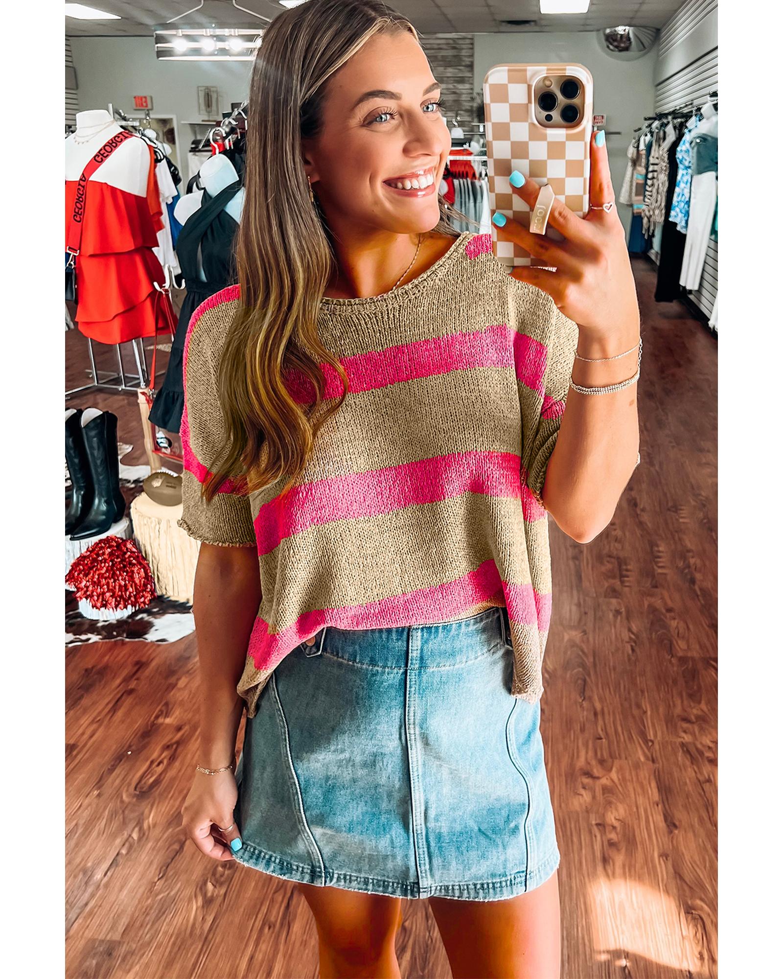 Pink Stripe Colorblock Short Sleeve Crew Neck Lightweight Sweater - M