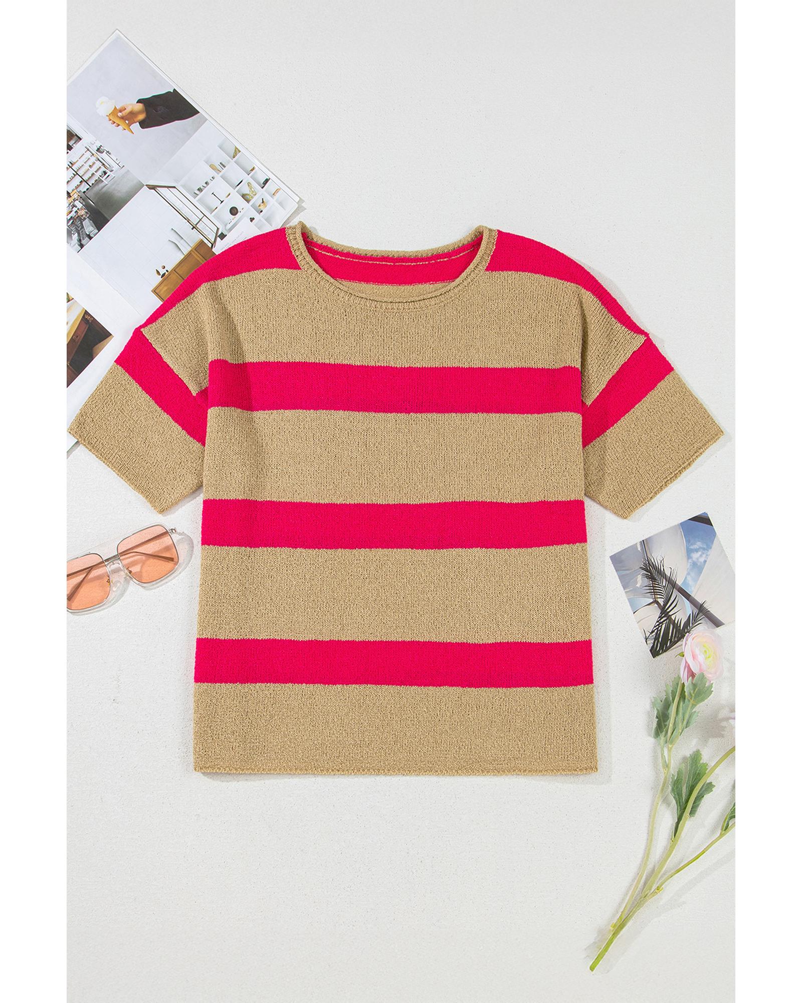 Pink Stripe Colorblock Short Sleeve Crew Neck Lightweight Sweater - M