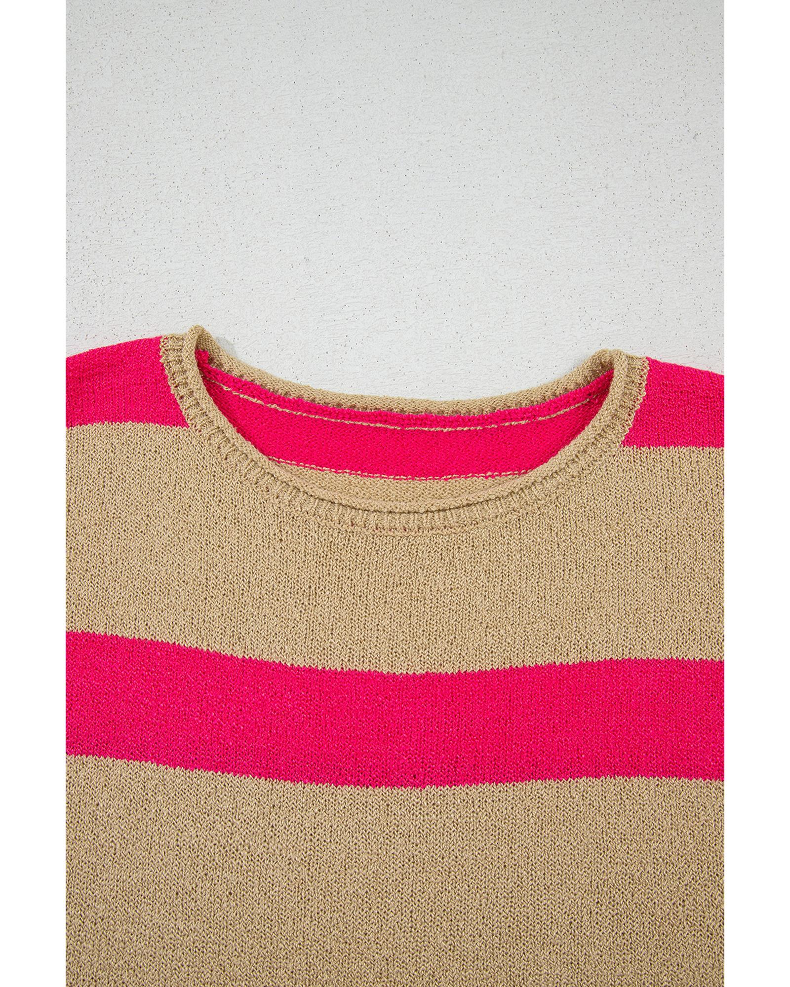 Pink Stripe Colorblock Short Sleeve Crew Neck Lightweight Sweater - M