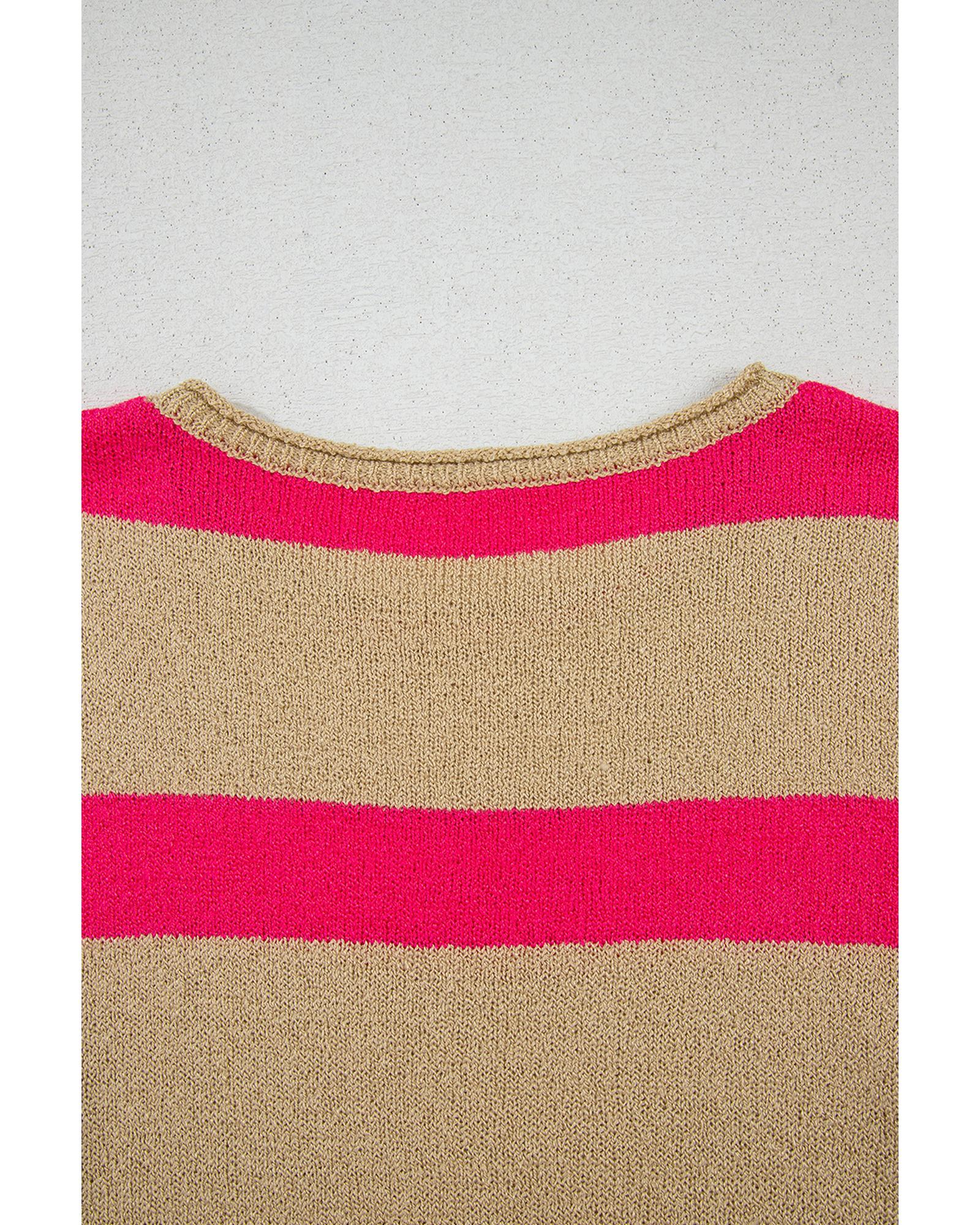 Pink Stripe Colorblock Short Sleeve Crew Neck Lightweight Sweater - M