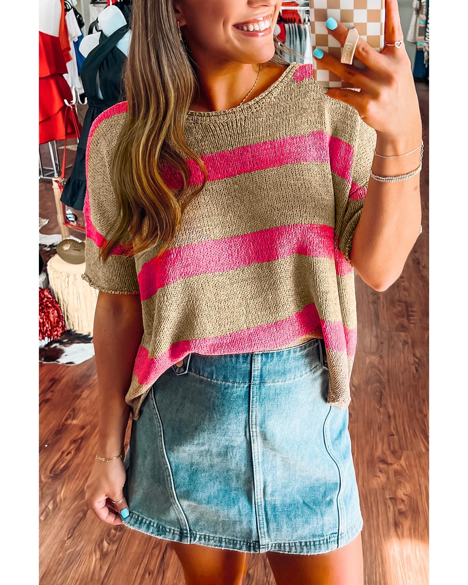 Pink Stripe Colorblock Short Sleeve Crew Neck Lightweight Sweater - S