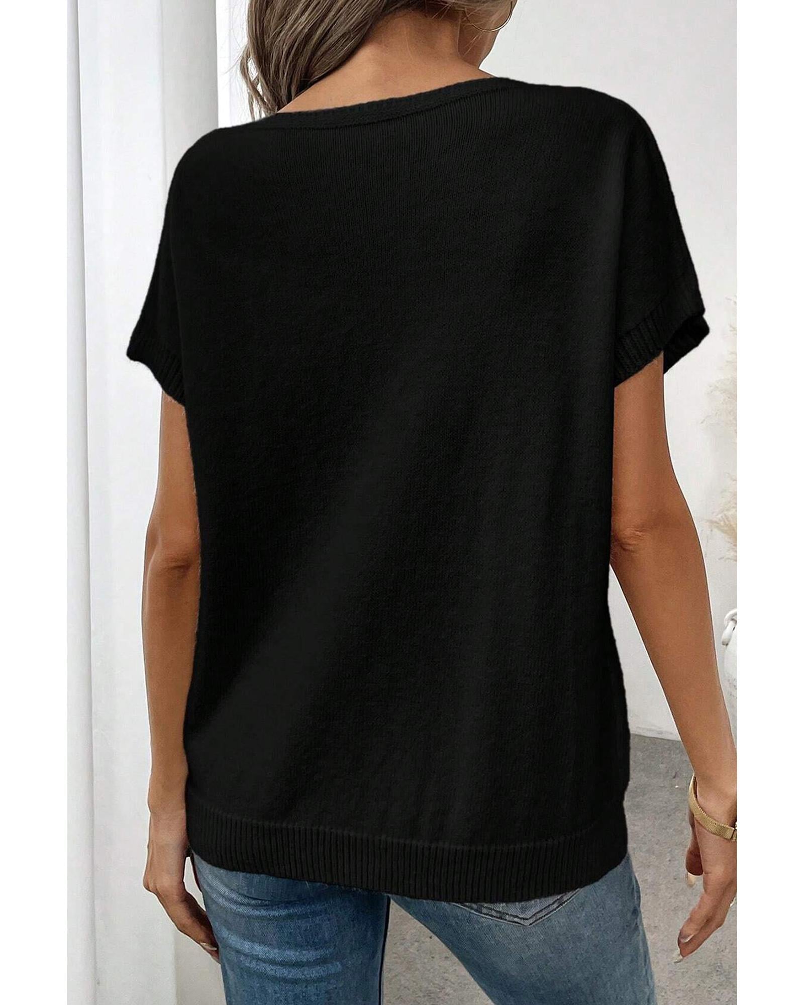 Black Bow Pattern Knit Short Sleeve Sweater - S