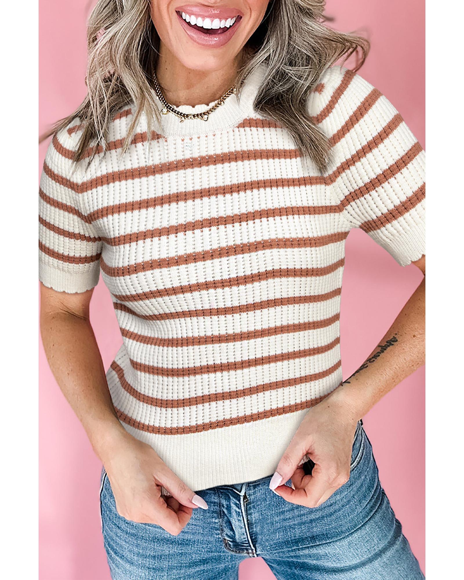Khaki Stripe Scalloped Round Neck Short Sleeve Sweater - L