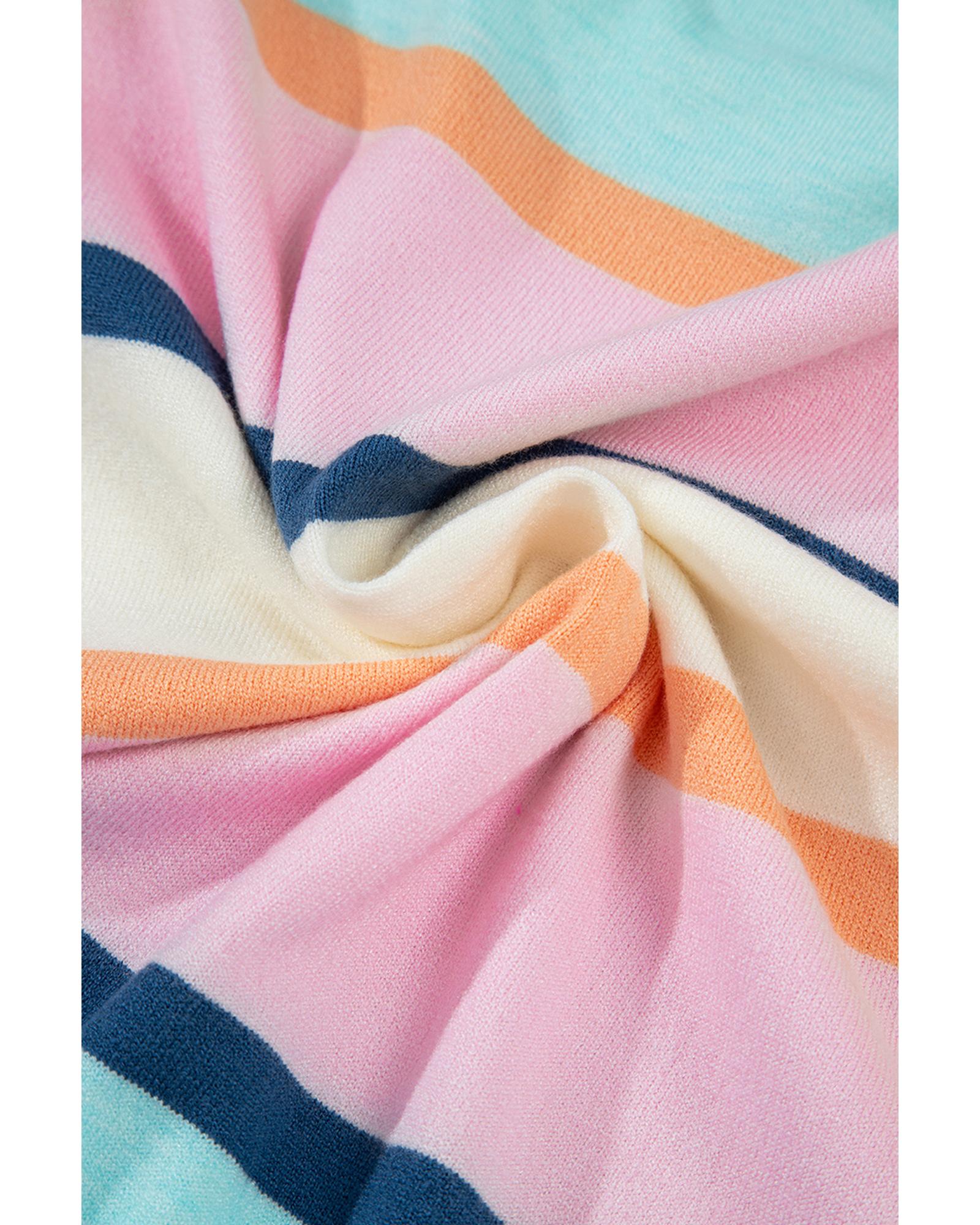 Multicolour Striped Color Block Flutter Sleeve Patchwork Sweater Top - L