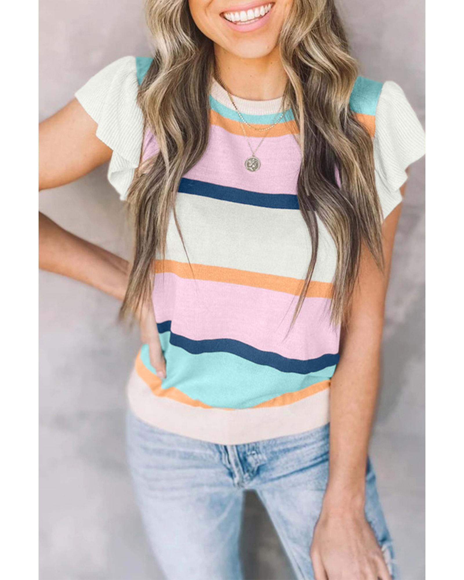 Multicolour Striped Color Block Flutter Sleeve Patchwork Sweater Top - S