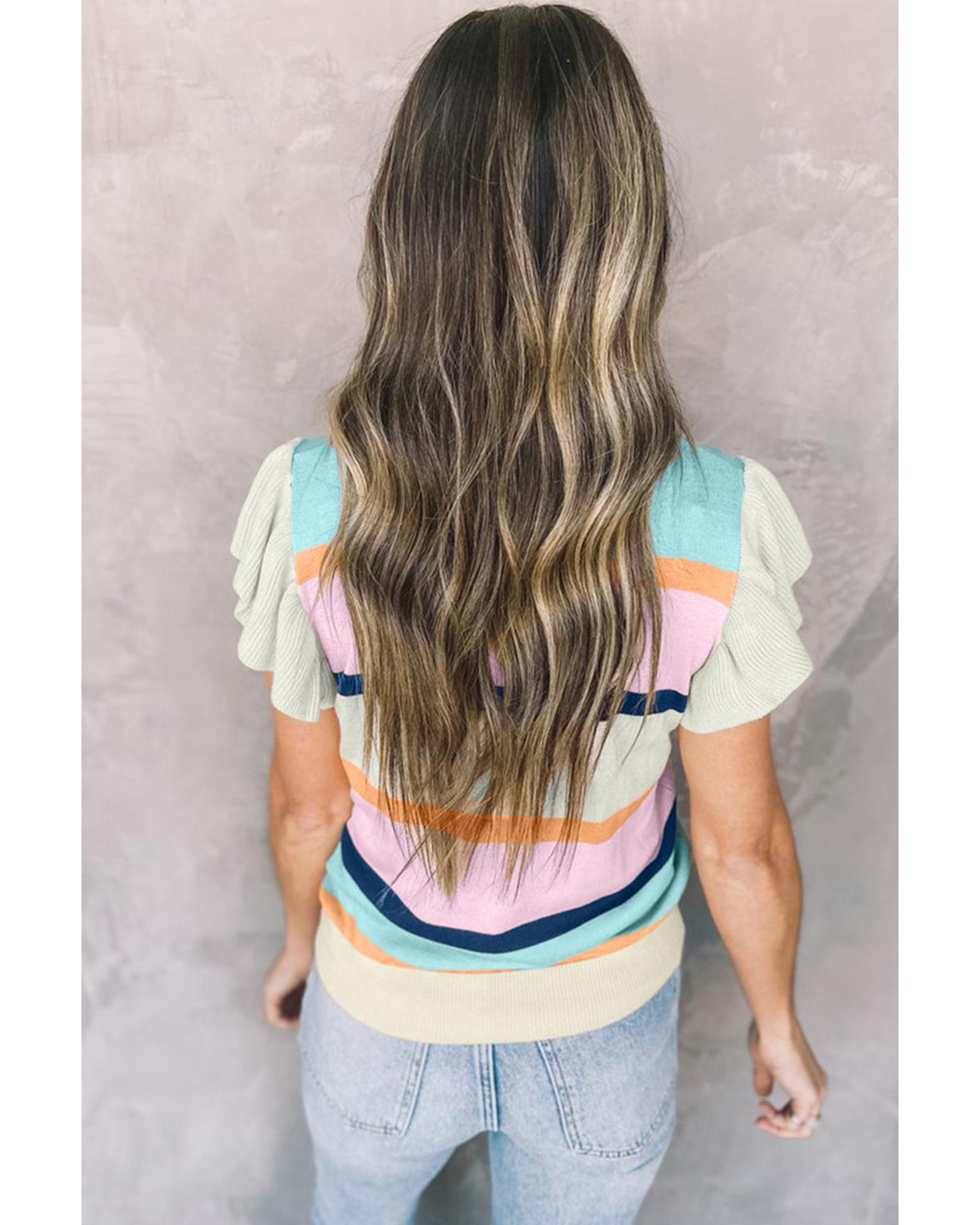 Multicolour Striped Color Block Flutter Sleeve Patchwork Sweater Top - XL