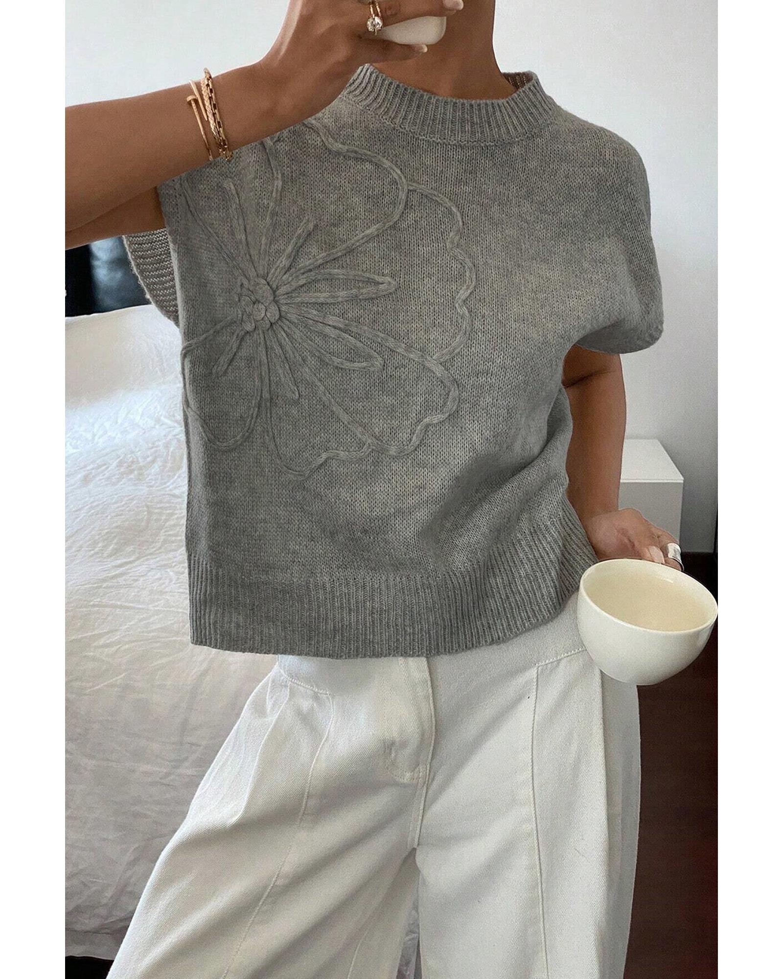 High Flower Pattern Ribbed Trim Short Sleeve Boxy Sweater - XL