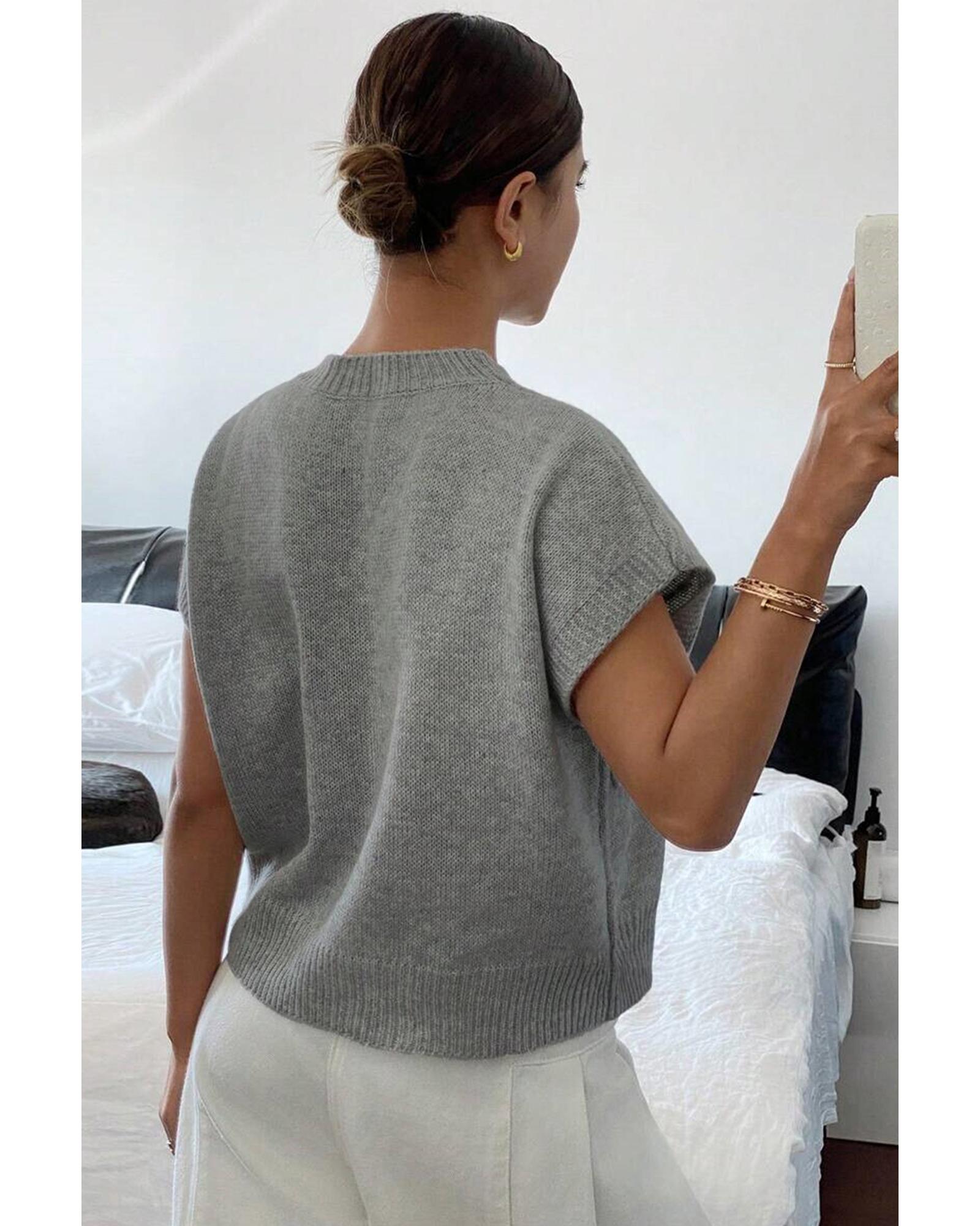 High Flower Pattern Ribbed Trim Short Sleeve Boxy Sweater - XL