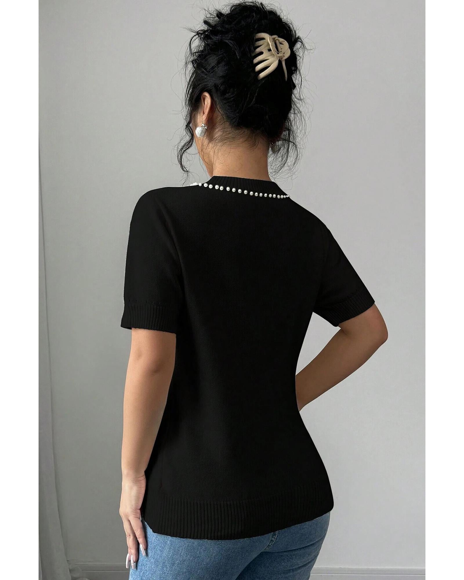 Black Pearl Bow Necklace Embellished Short Sleeve Knitted T Shirt - L