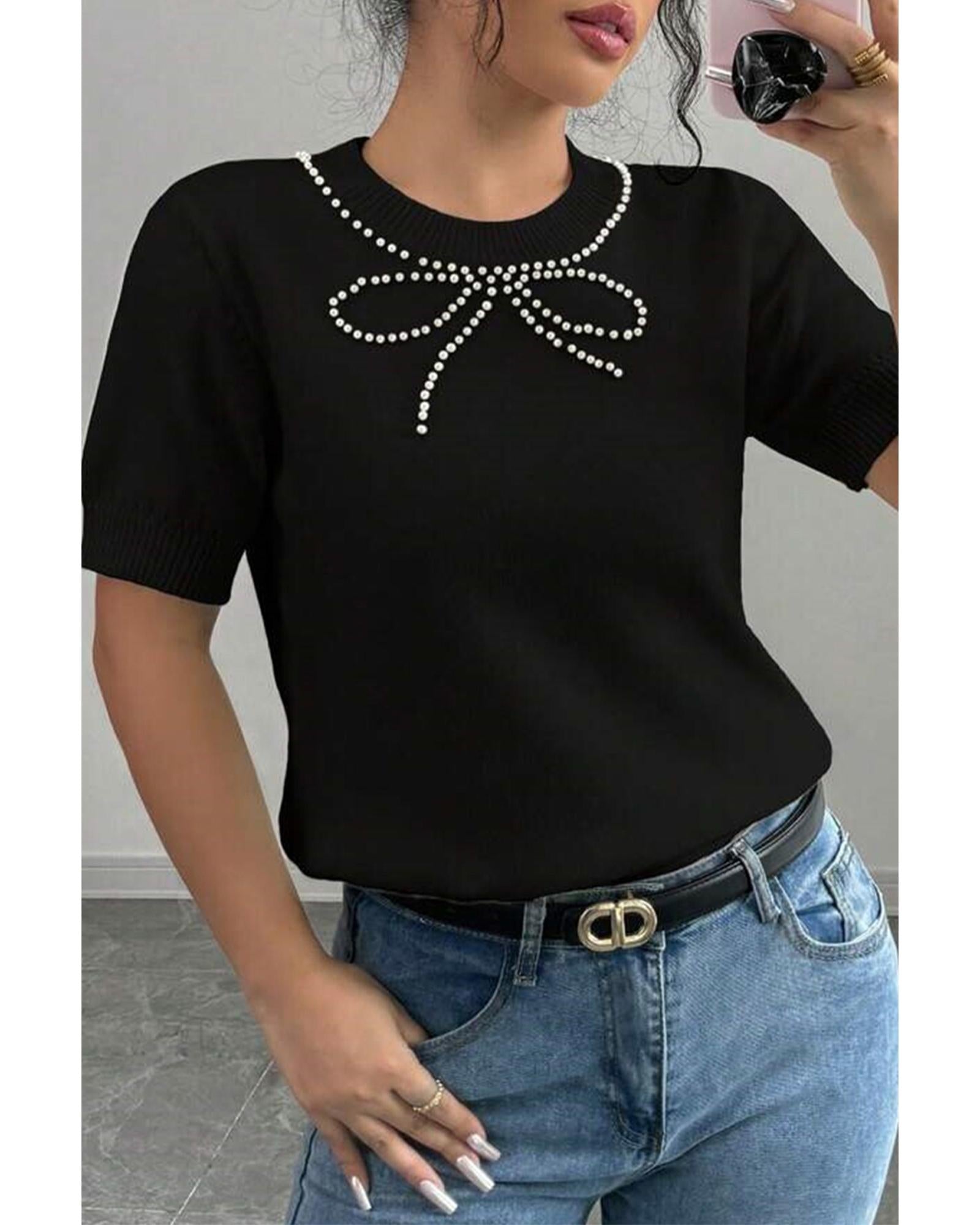 Black Pearl Bow Necklace Embellished Short Sleeve Knitted T Shirt - M