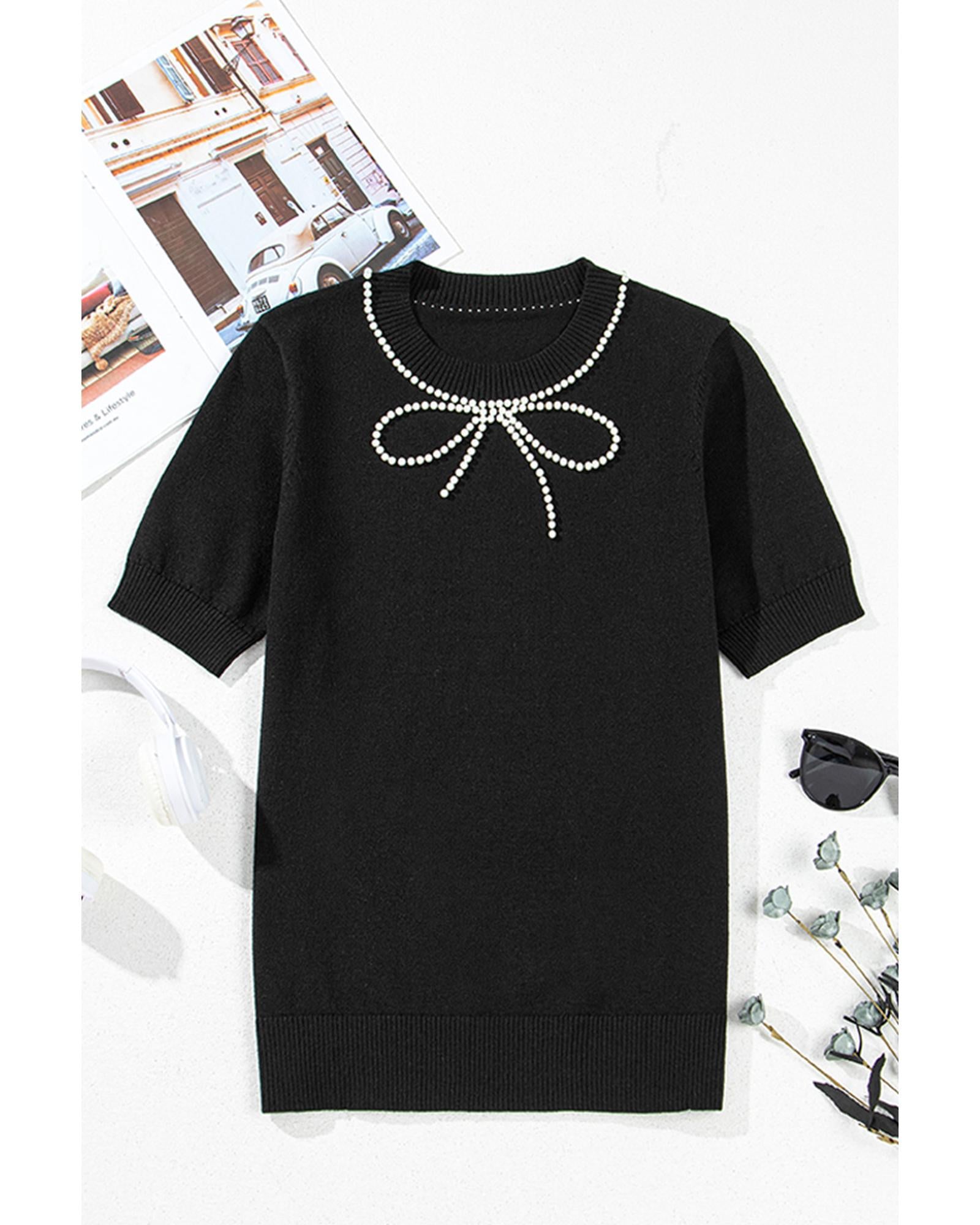 Black Pearl Bow Necklace Embellished Short Sleeve Knitted T Shirt - M