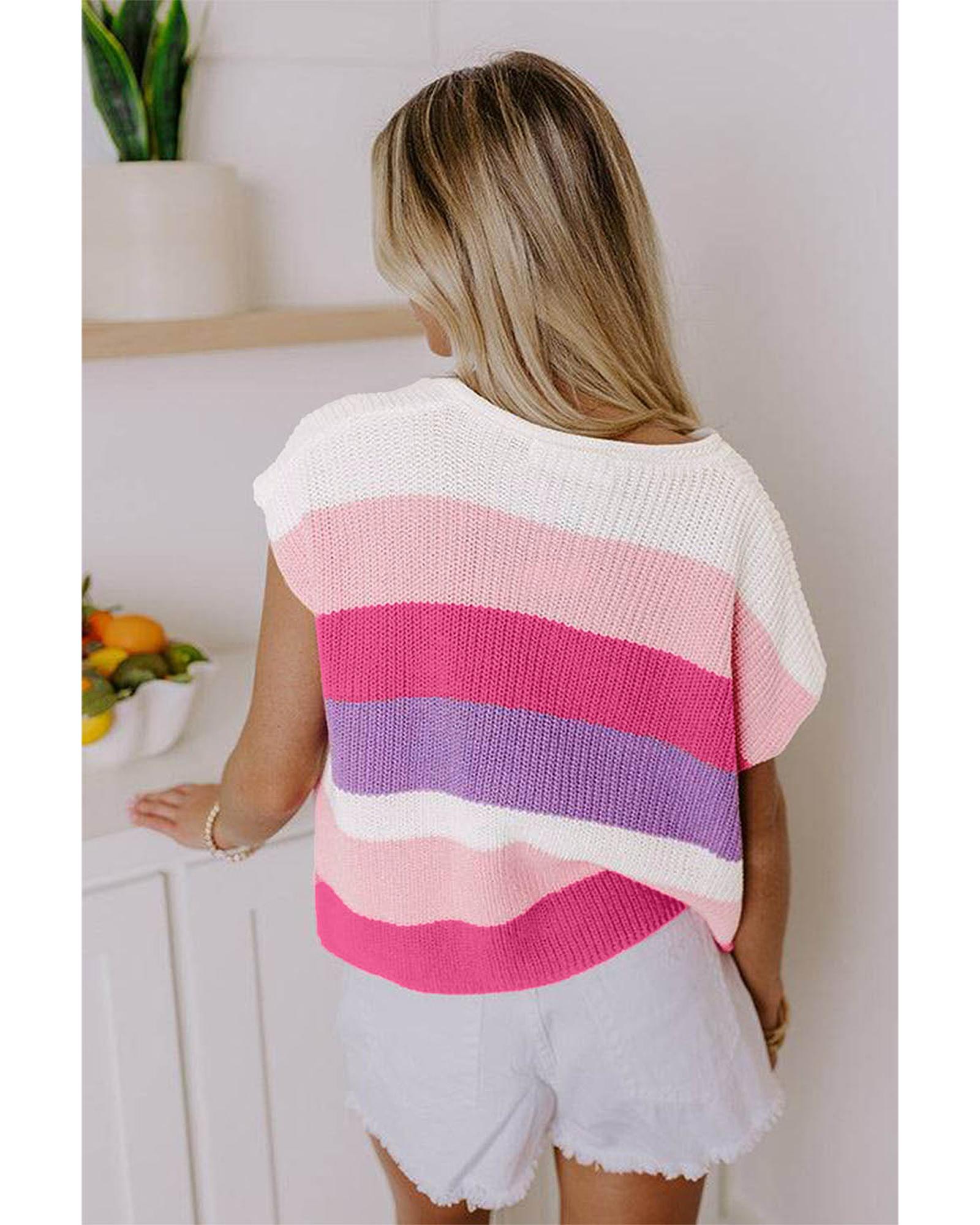 Pink Color Block Notch V Neck Sweater T Shirt - M