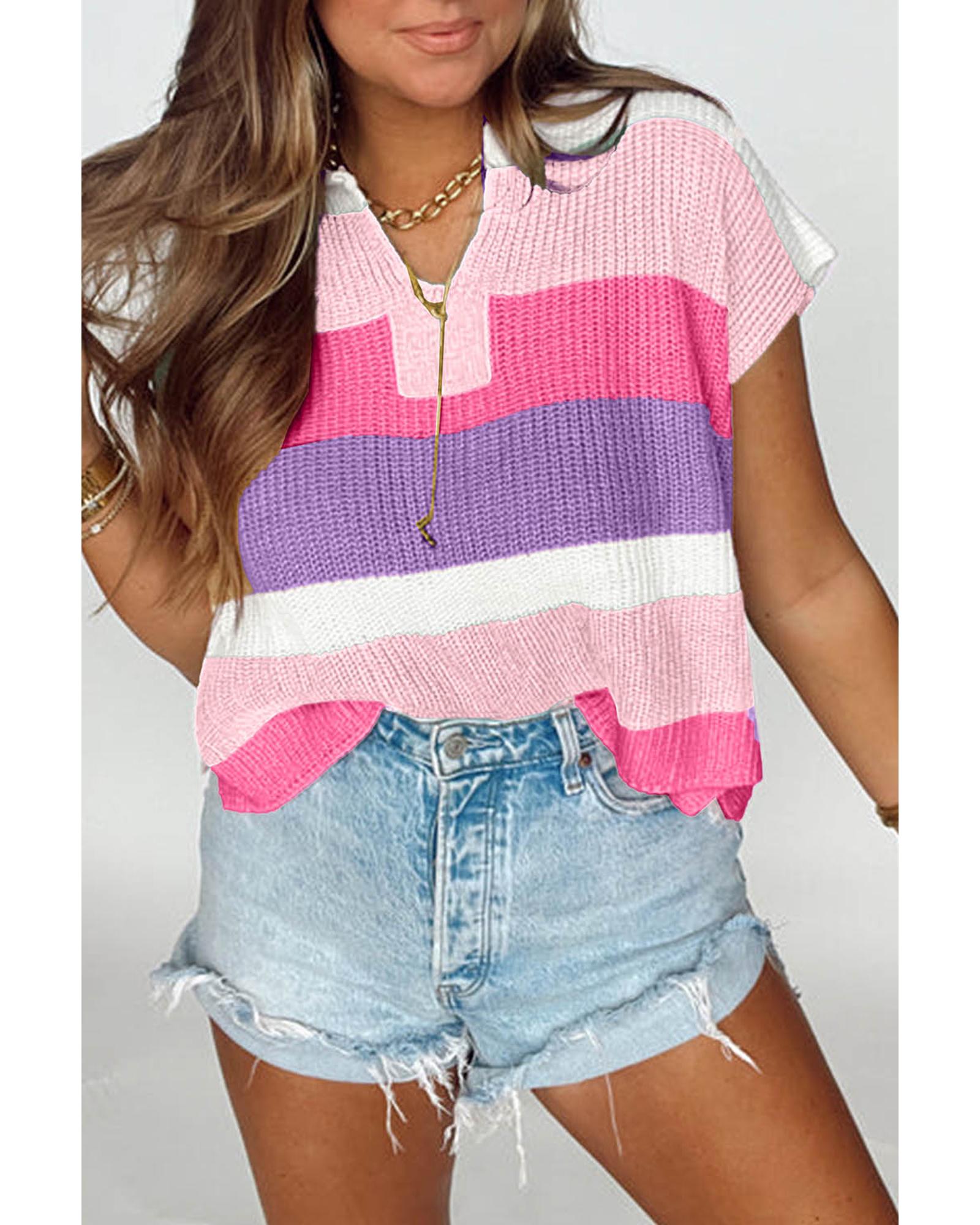 Pink Color Block Notch V Neck Sweater T Shirt - S